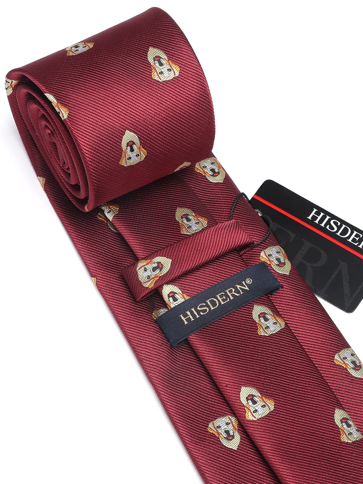 HISDERN Burgundy Tie for Men Dog Pattern Ties Handkerchief Novelty Animal Print Wedding Necktie & Pocket Square Set