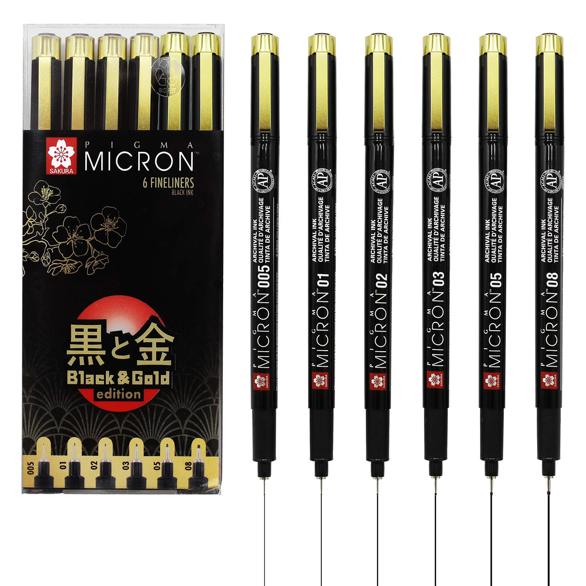 Sakura Pigma Micron Black & Gold Edition fineliner set   6 sizes, black (POXSDKB6YOS)