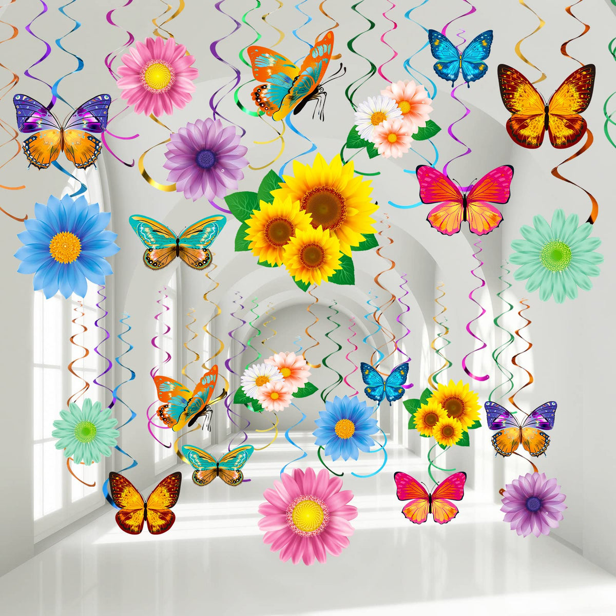 30 Pcs Flowers Butterfly Hanging Swirl Decorations, Spring Summer Sunflower Baby Shower Decor for Women Kids Birthday Easter Party Baby Shower Mother's Day Wedding Supplies (Flower and Butterfly)