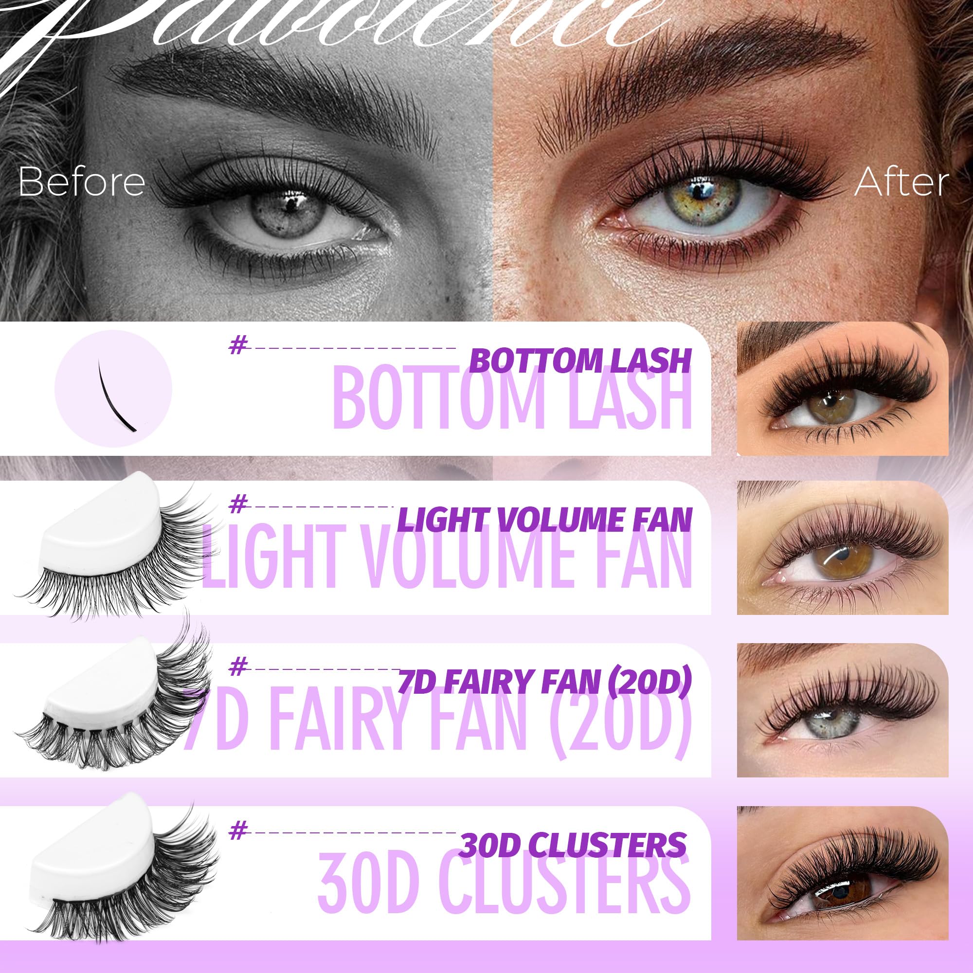 Pawotence Cluster Lashes Kit Individual Eyelashes Multi-types Individual Lashes Natural Bottom, Light Volume, 20D 30D Clusters Eyelash Extension Kit with Lash Bond and Seal, Lash Tweezer for Self Use