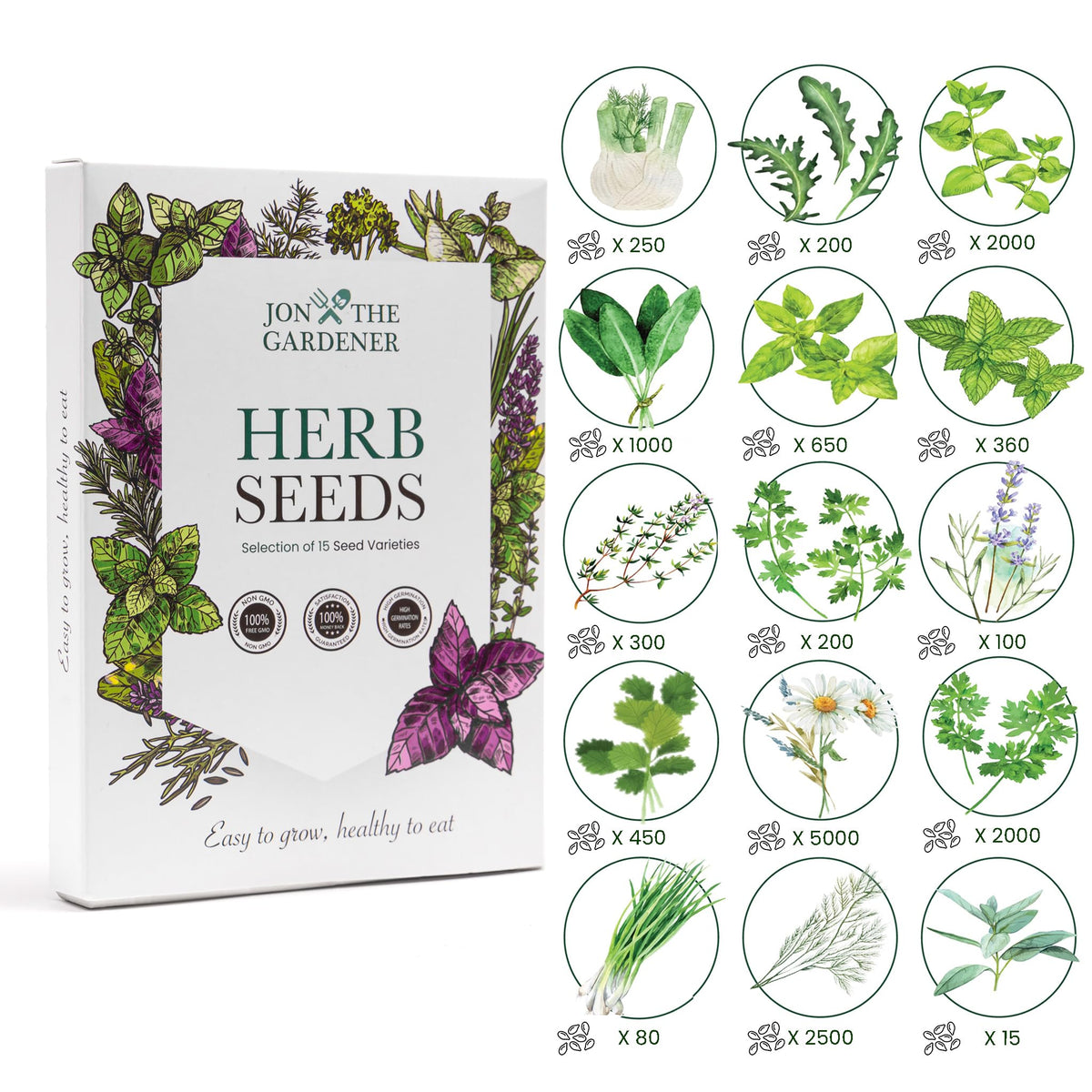 Jon the Gardener Herb Seeds Collection, 15 Herbs Varieties, 15,000 Seeds for Planting UK - Perfect Herb Garden - Mint Seeds, Coriander Seeds, Basil Seeds, and More