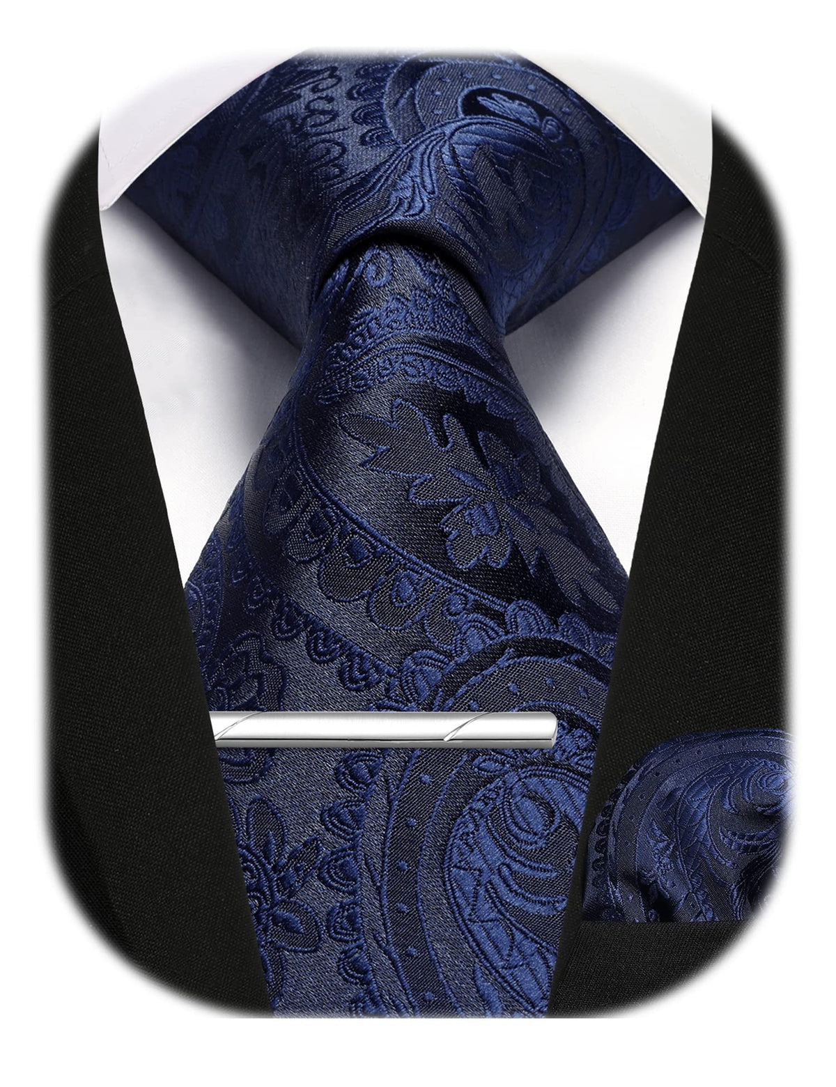 Enlision Mens Navy Paisley Tie and Pocket Square with Tie Clip Set Business Formal Wedding Ties for Men Necktie & Handkerchief & Tie Pin Sets,Navy