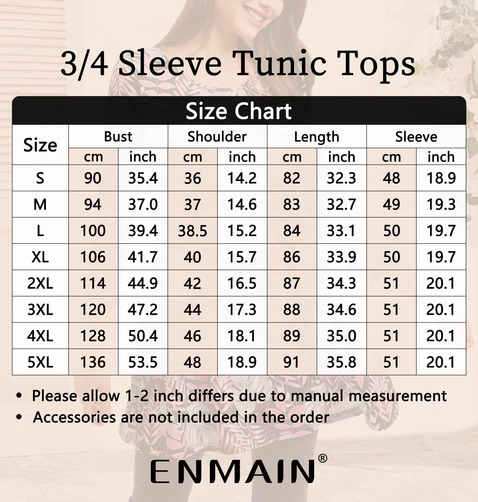 Enmain Tunic Tops for Women 3/4 Sleeve Ladies Tunics Casual Loose Long Tunic Top for Leggings Round Neck Blouses Shirts Black & Pink Flower XL