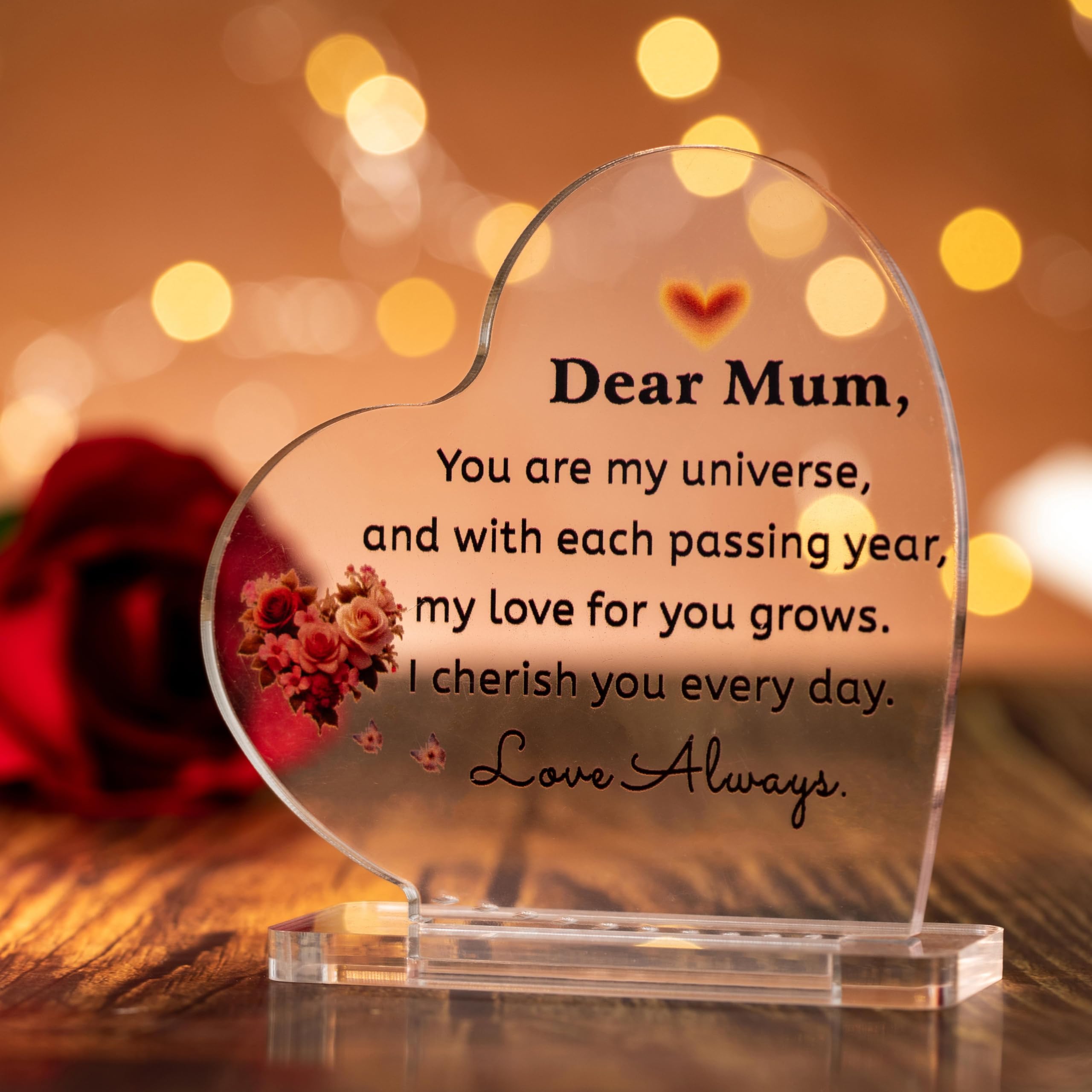 Mum Gifts on Mothers Day - Heart Shaped Acrylic Decorations on Her Birthday from Daughter Son for Mum Mother's Day Christmas Thanksgiving Valentines Day Present under 10 Pounds Gifts Ideal