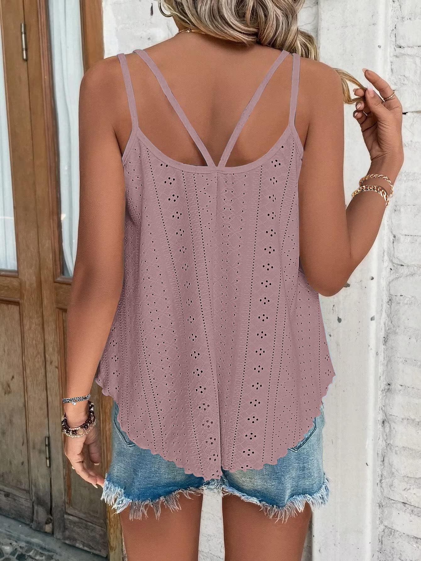 WNEEDU Womens Pink Tank Tops Ladies Summer Sleeveles Shirts Casual Loose Fit Vest Tanks Top for Women Eyelet Embroidery Cami Camisole Pink 2XL