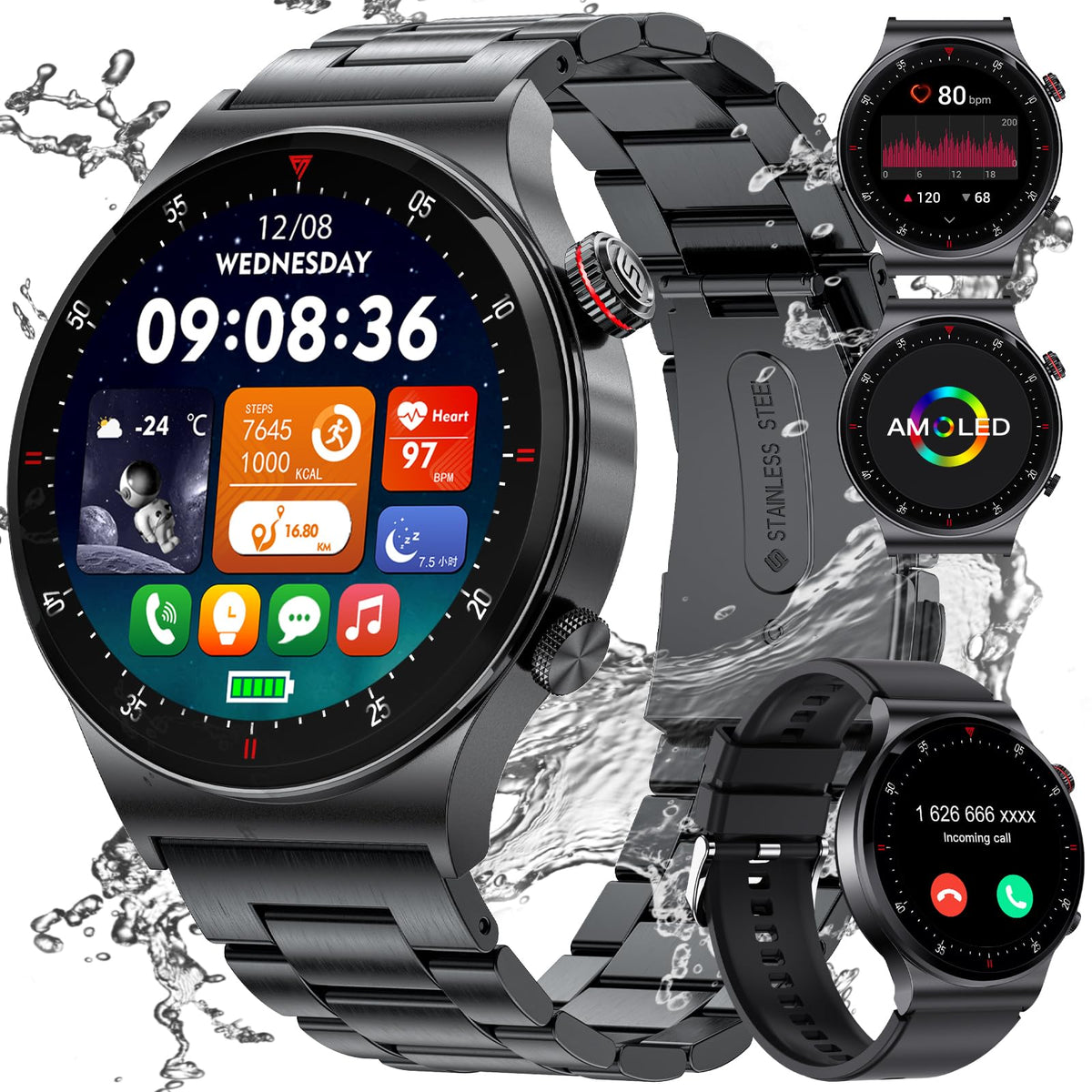 BANGWEI Smart Watch for Men, 1.43 inches Smartwatch with Bluetooth Phone Call, Heart Rate SpO2 100and Sports, IP68 Waterproof Amoled Always-on Mens Smart Watches Compatible Android iOS Phone, 2 Straps, Black