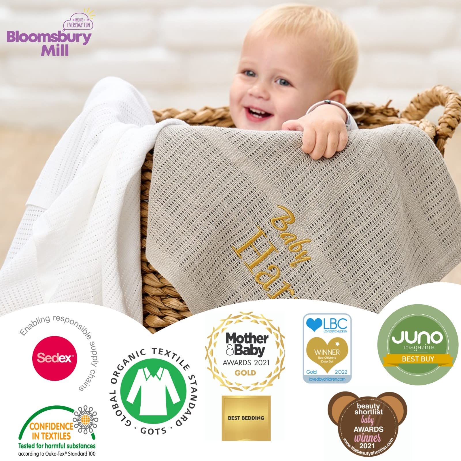 Bloomsbury Mill - Twin Pack - 100% Pure Organic Cotton - Extra Soft Cellular Baby Blankets – Swaddle Blanket – Baby Essentials for Newborn – Cot Bed/Pram/Travel/Moses Basket - Grey