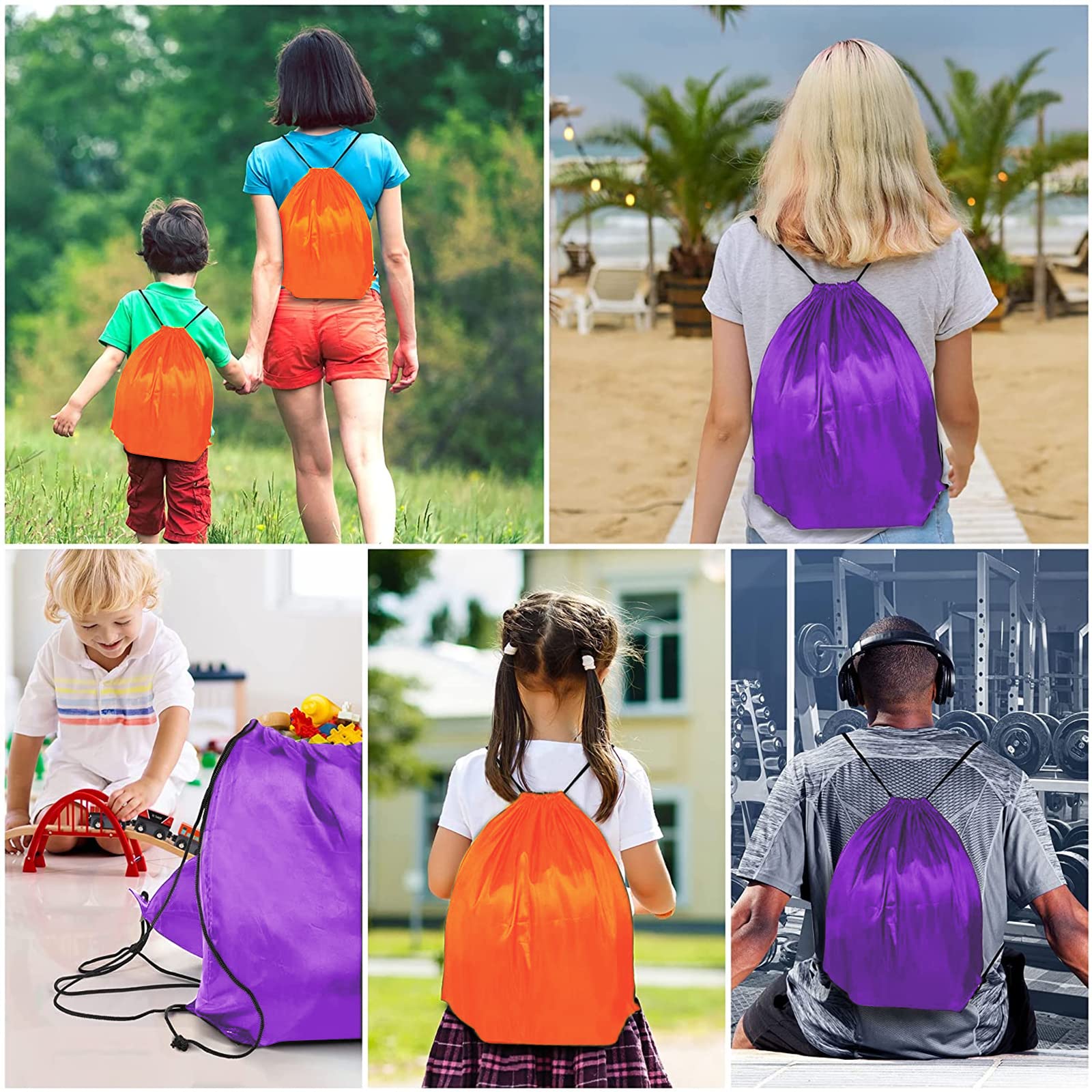 AURUZA 2PCS Drawstring Bags,PE Bags Drawstring Gym Bag,String Swimming Bag Trainer Bag Personalised Drawstring Bag, Suitable for Sports,School,Gym,Travel,Swimming and Various Activities(PurpleandOrange)