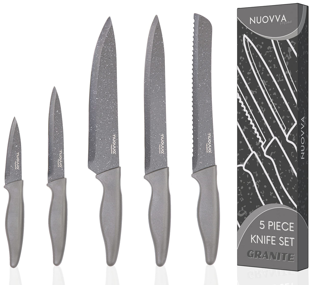 nuovva Professional Kitchen Knife Set – 5pcs Grey Kitchen Knives – Stainless Steel Granite Non Stick Blades – Chefs, Filleting, Bread, Paring and Utility Knives