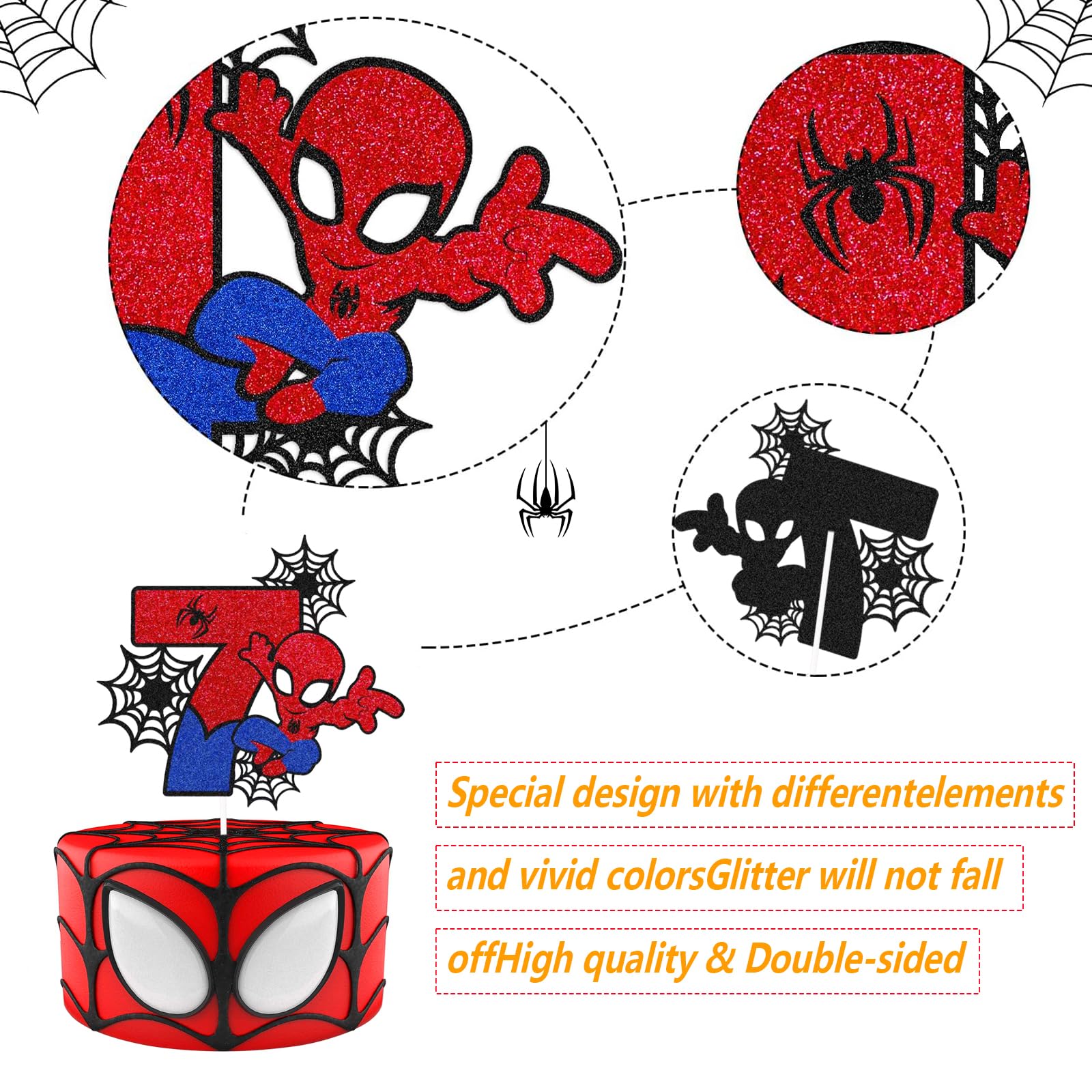 7st Birthday Spidermen Cake Toppers,Personalised Happy 7st Birthday Cake Toppers for Kids,Boy,Girl,Spider Cake Toppers Birthday Cake Decorations for Children Birthday Party Supplies