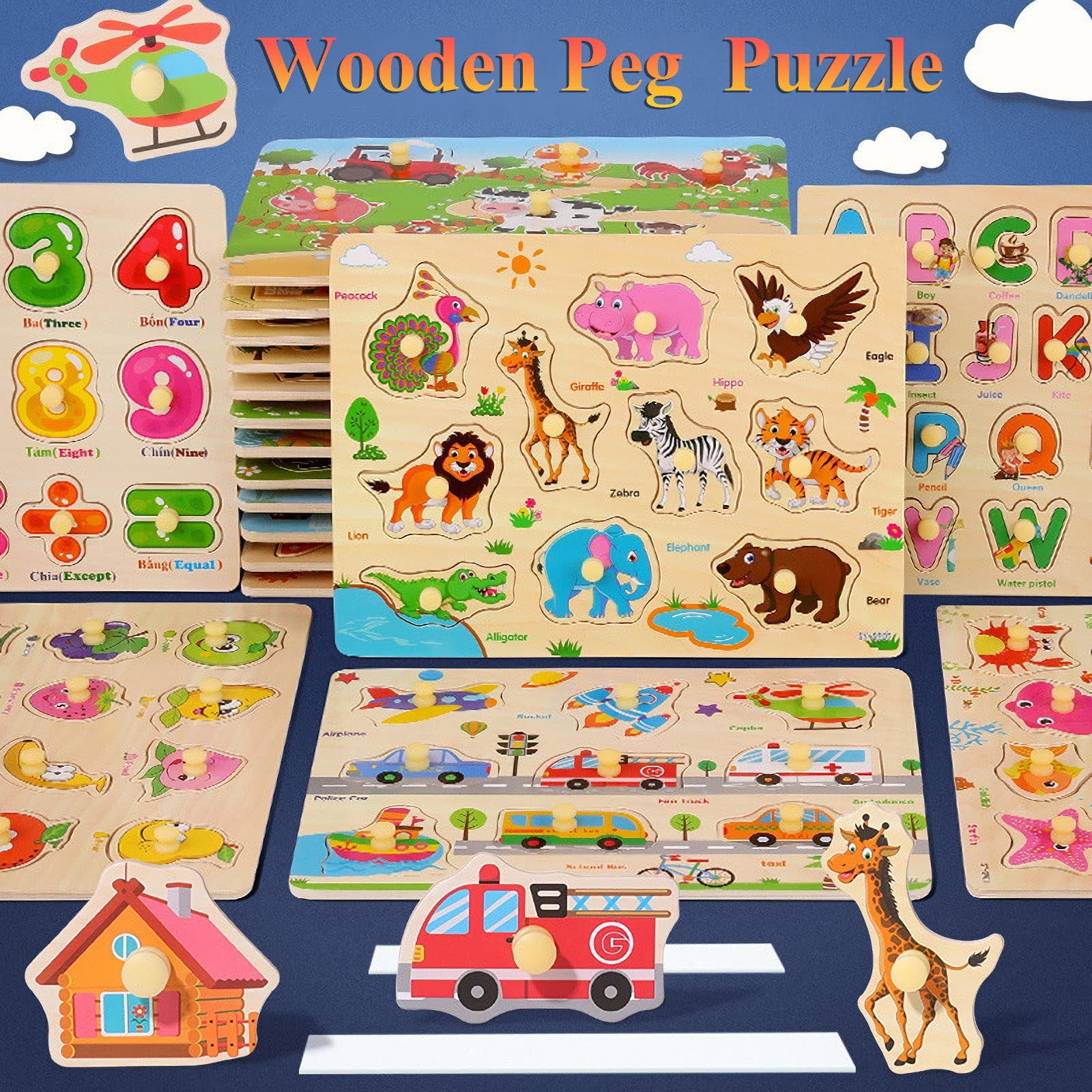 Wooden Peg Puzzles for Kids 2 3 Year Olds   Educational Toddler Jigsaws for Girls Boys Gifts (Wild Animals)