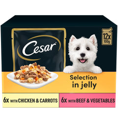 CESAR Pouch Selection in Jelly, Fresh Adult Wet Dog Food Pouches in Delicious Jelly with Succulent Meats and Vegetables, 48 x 100 g