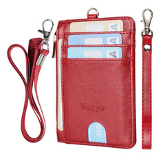 Teskyer Women Card Holder Wallet, Slim Credit Card Wallets, Minimalist, RFID Blocking, with Lanyard, 1 ID Window, Holds up to 8 Cards, Wine Red