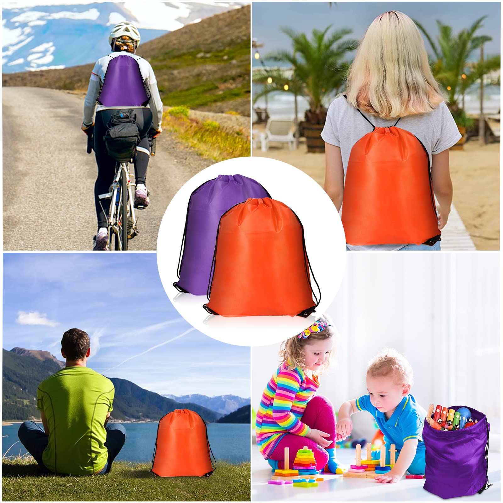 AURUZA 2PCS Drawstring Bags,PE Bags Drawstring Gym Bag,String Swimming Bag Trainer Bag Personalised Drawstring Bag, Suitable for Sports,School,Gym,Travel,Swimming and Various Activities(PurpleandOrange)