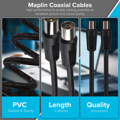 Maplin 2m TV Aerial Coaxial Extension Cable RF Male to RF Female, Antenna Cable Coax Lead for Sky/SkyHD, Virgin TV, BT, Freeview, VCR, DVD player, Freesat