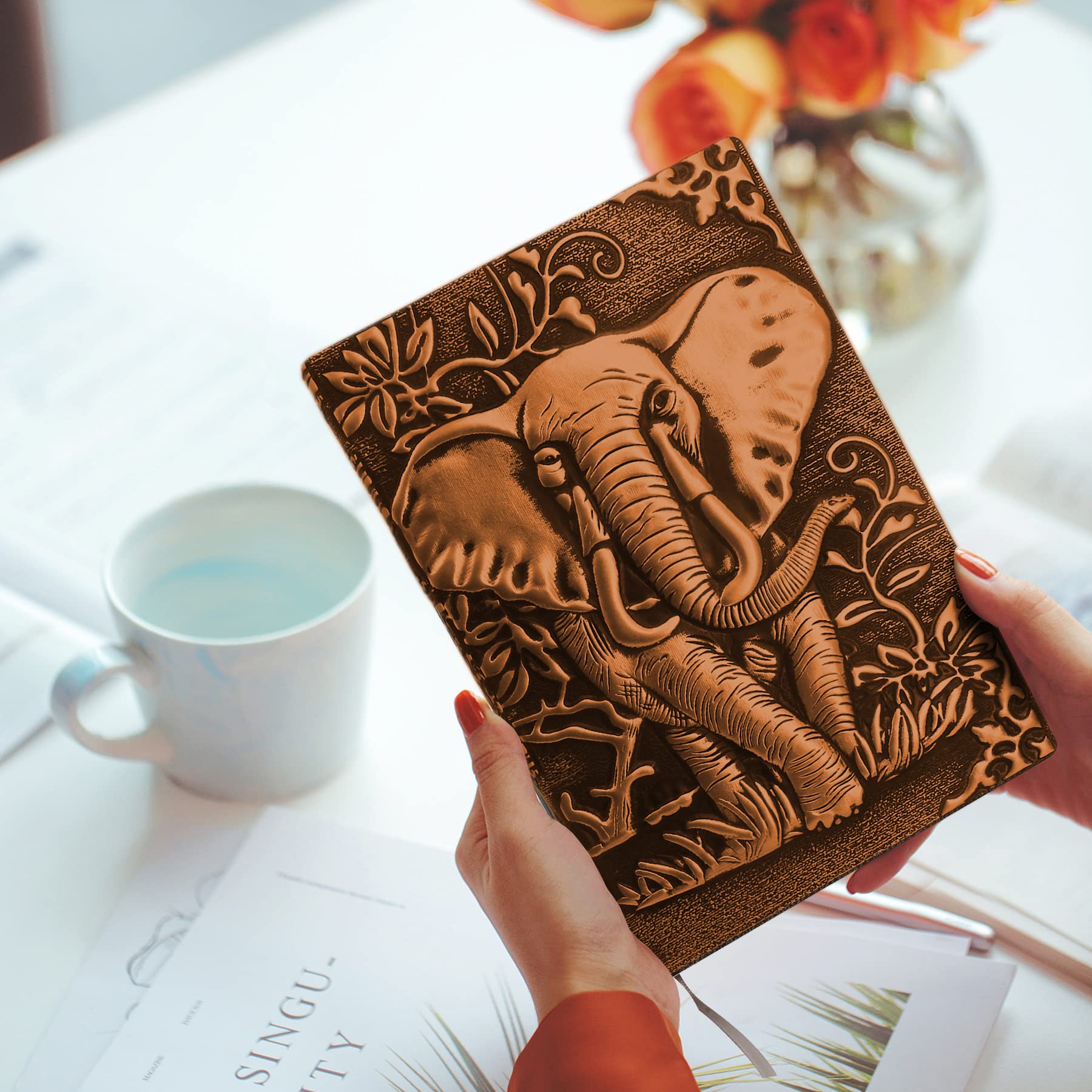 HomWanna Elephant Embossed Leather Journal Notebook - 3D Handmade Vintage Notebooks Travel Diary with Lined Paper Antique leather sketchbook Writing Journals for Women & Men (A5, Red Bronze)