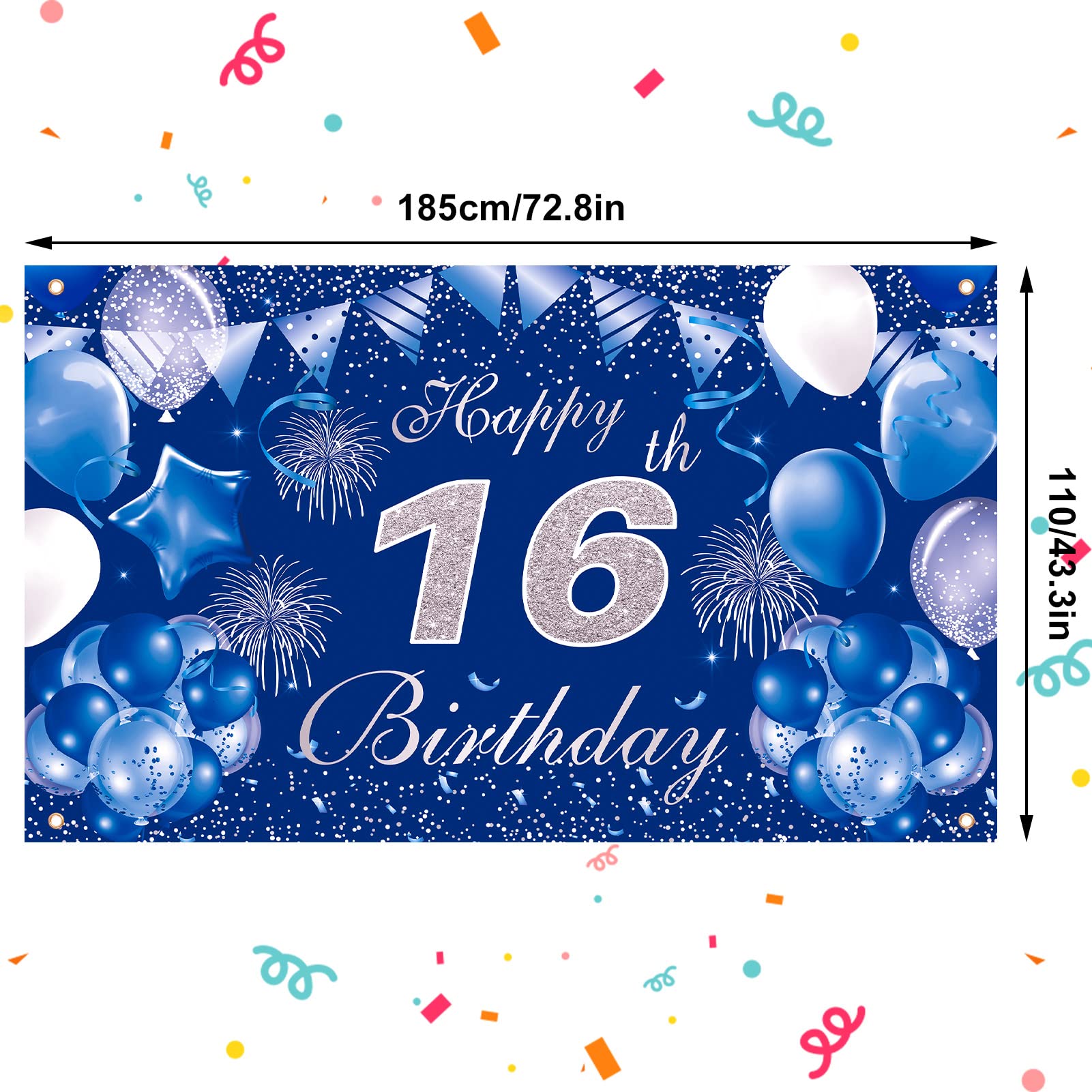 Pinenuts Happy 16th Birthday Backdrop Banner Blue 16th Birthday Decorations for Boys Girls, Large Fabric Birthday Photo Background Birthday Sign Poster, 3.6 x 6.1 ft