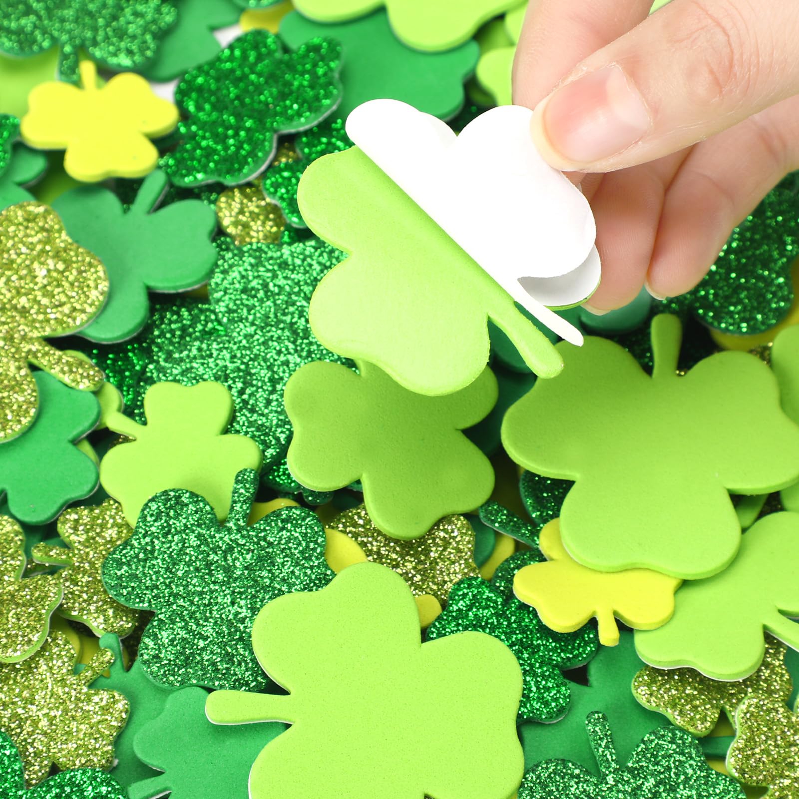 JULBEAR 300Pcs Shamrock Foam Sticker, St. Patrick's Day Glitter Clover Shamrock Self Adhesive Foam Stickers for Kids Spring Irish Party Favors DIY Crafts Decorations