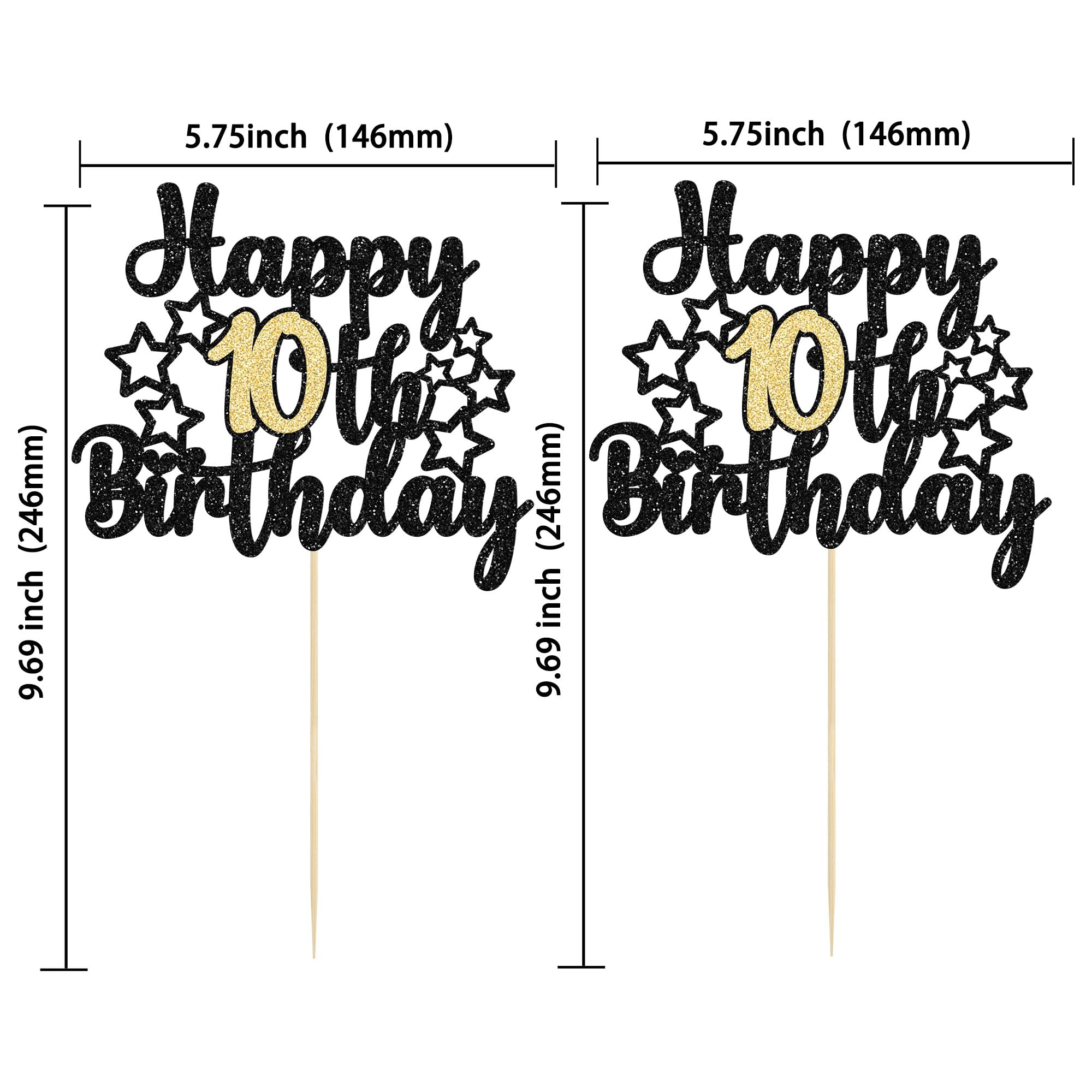 Gyufise 1Pc Happy 10th Birthday Cake Topper Black Gold Glitter Cheers to 10 Years Birthday Cake Pick 10 and Fabulous Cake Decoration for Happy 10th Birthday Anniversary Party Supplies