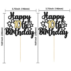 Gyufise 1Pc Happy 10th Birthday Cake Topper Black Gold Glitter Cheers to 10 Years Birthday Cake Pick 10 and Fabulous Cake Decoration for Happy 10th Birthday Anniversary Party Supplies