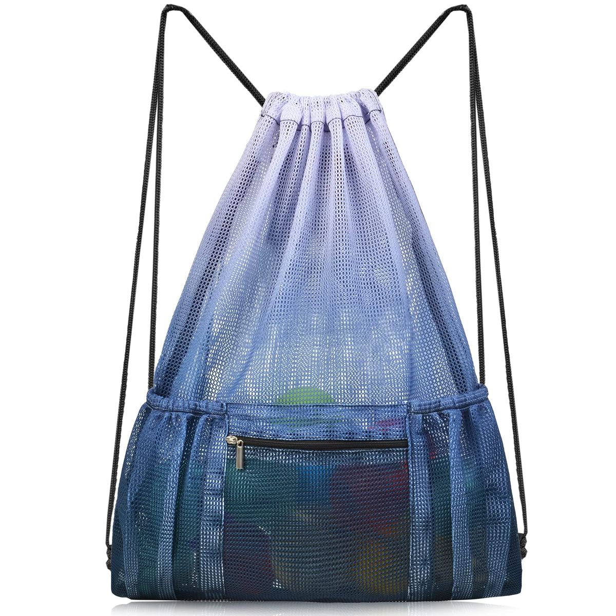 Mesh Drawstring Bag with Zipper Pocket, Beach Bag for Swimming Gear Backpack Gym Storage Bag for Adult Kids