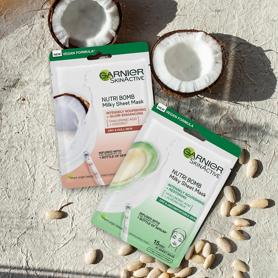 Garnier Nutri Bomb Milky Sheet Mask, With Almond Milk and Hyaluronic Acid for Hydrated Glowing Skin, Intensely Nourishing & Restoring Milky Face Masks, Vegan Tissue (Pack of 2)