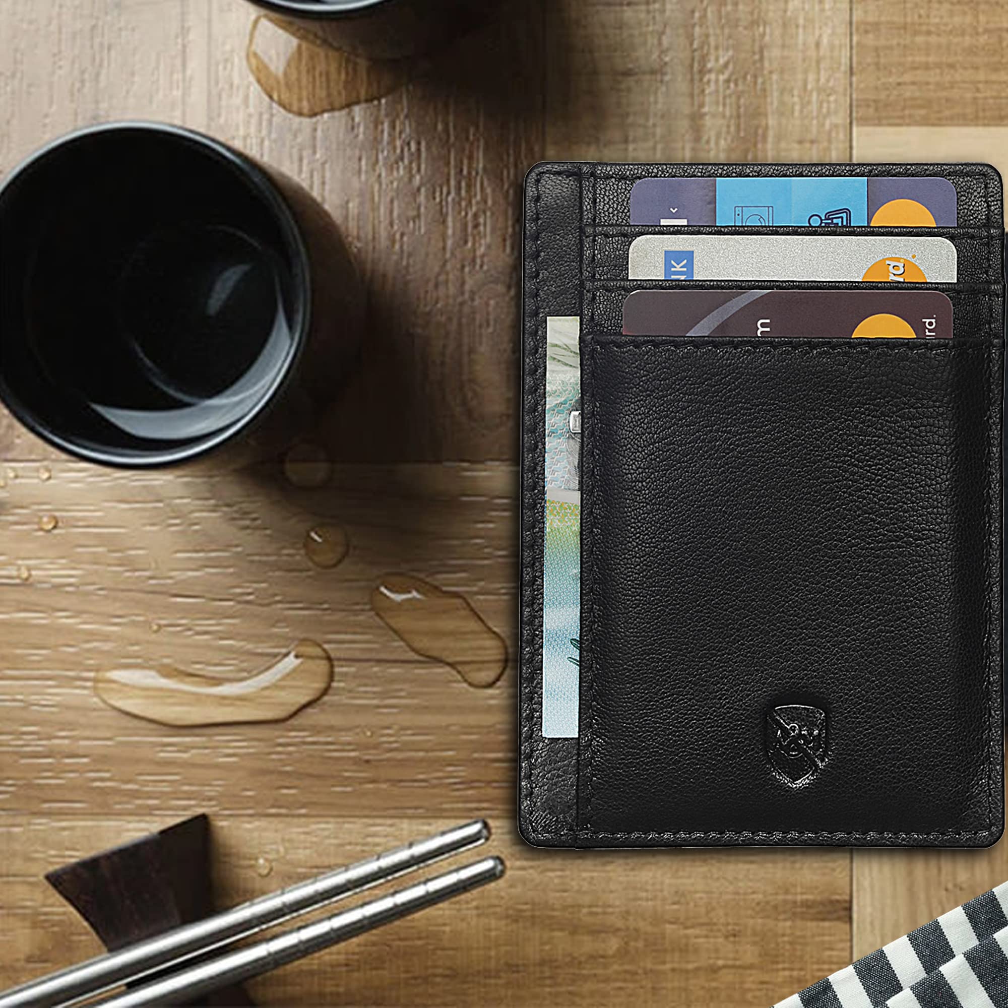 ALLEN & MATE Leather Card Holder Slim Wallet, RFID Blocking Minimalist Wallet Credit Card Holder, Holds Cards and Bank Notes