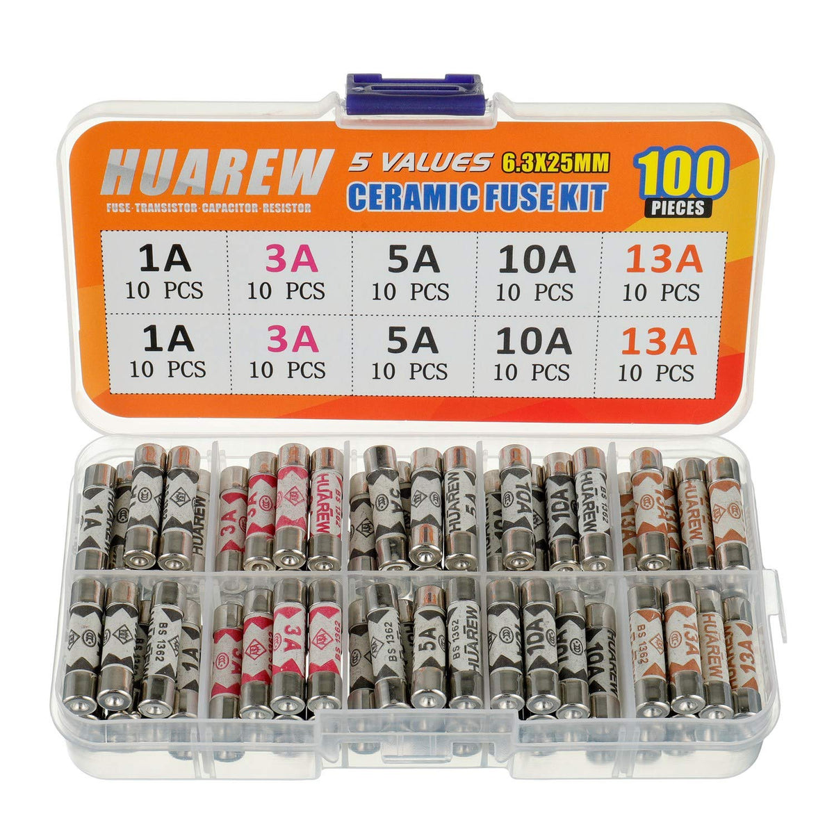 HUAREW 5 Values 100 Pcs 6.3x25 mm BS1362 1 3 5 10 13 A amp 240 V volt 0.248x0.984 Inch Ceramic Tube Fuses Assortment Kit