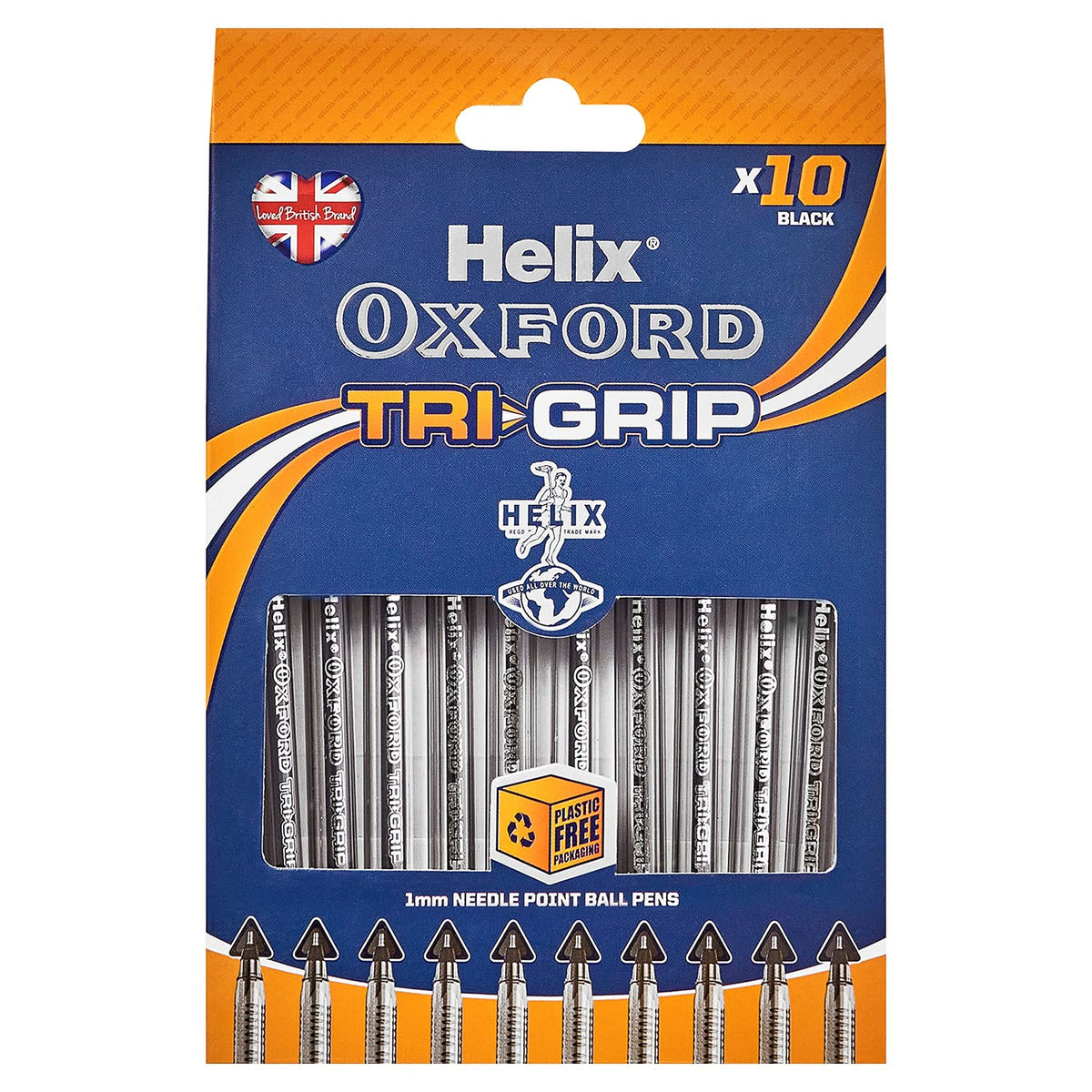 Helix Oxford Tri-Grip Ballpoint Pens (x10 Pack Black Ink) with Plastic Free Packaging