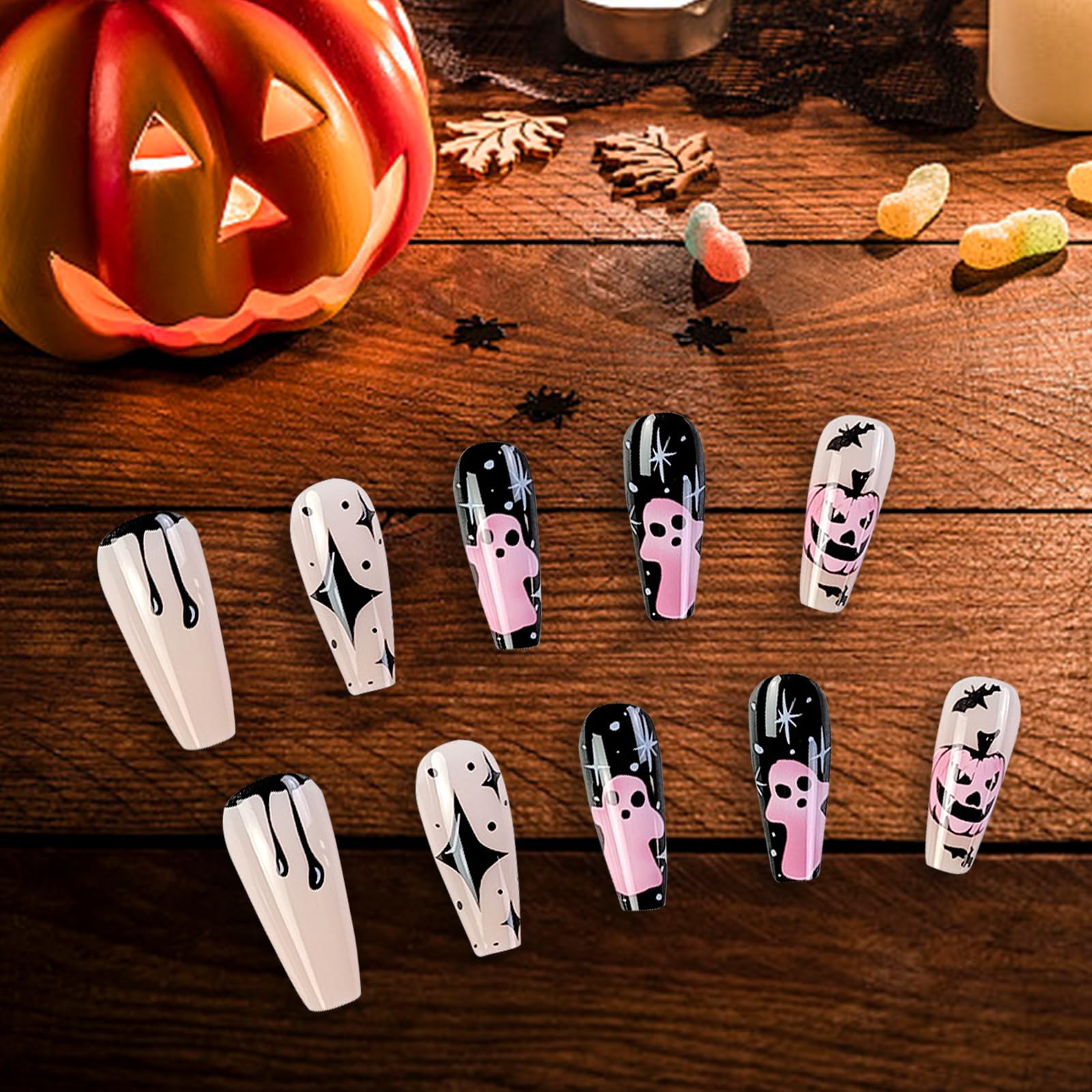 Ceboic 24Pcs Halloween False Nails Long Coffin, French Tips False Nails Glossy Pink Pumpkin Press on Nails Cute Acrylic Full Cover Stick on Nails for Women and Girls DIY Nails Art