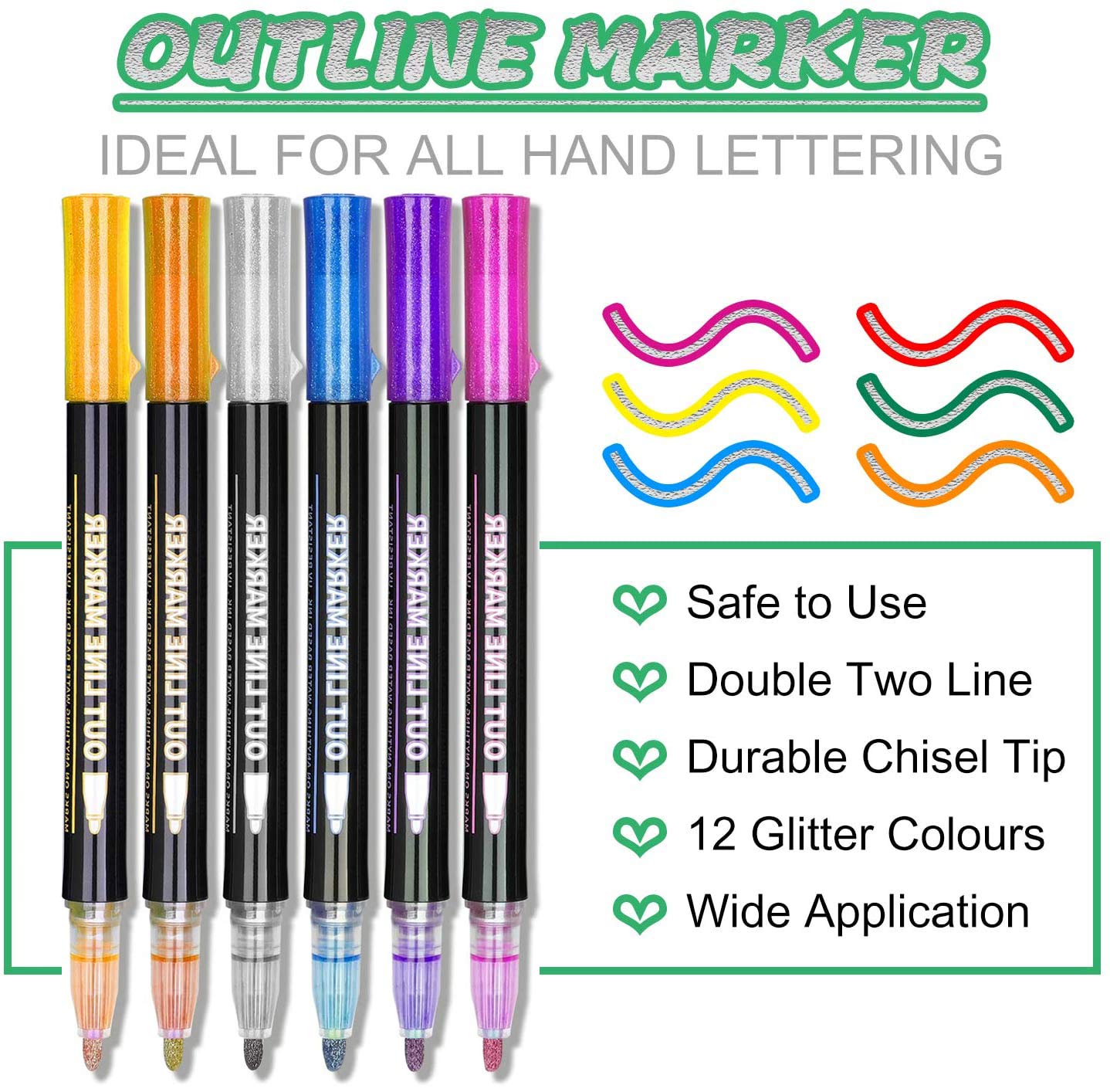 ECtury Glitter Pens Outline Marker Pens, Gifts for Teenage Girls, Teenage Girls Gifts, 12 Colours Metallic Double Line Outline Pens for Scrapbook, Stocking Fillers Kids, Gifts for 4-12 Year Old Girls