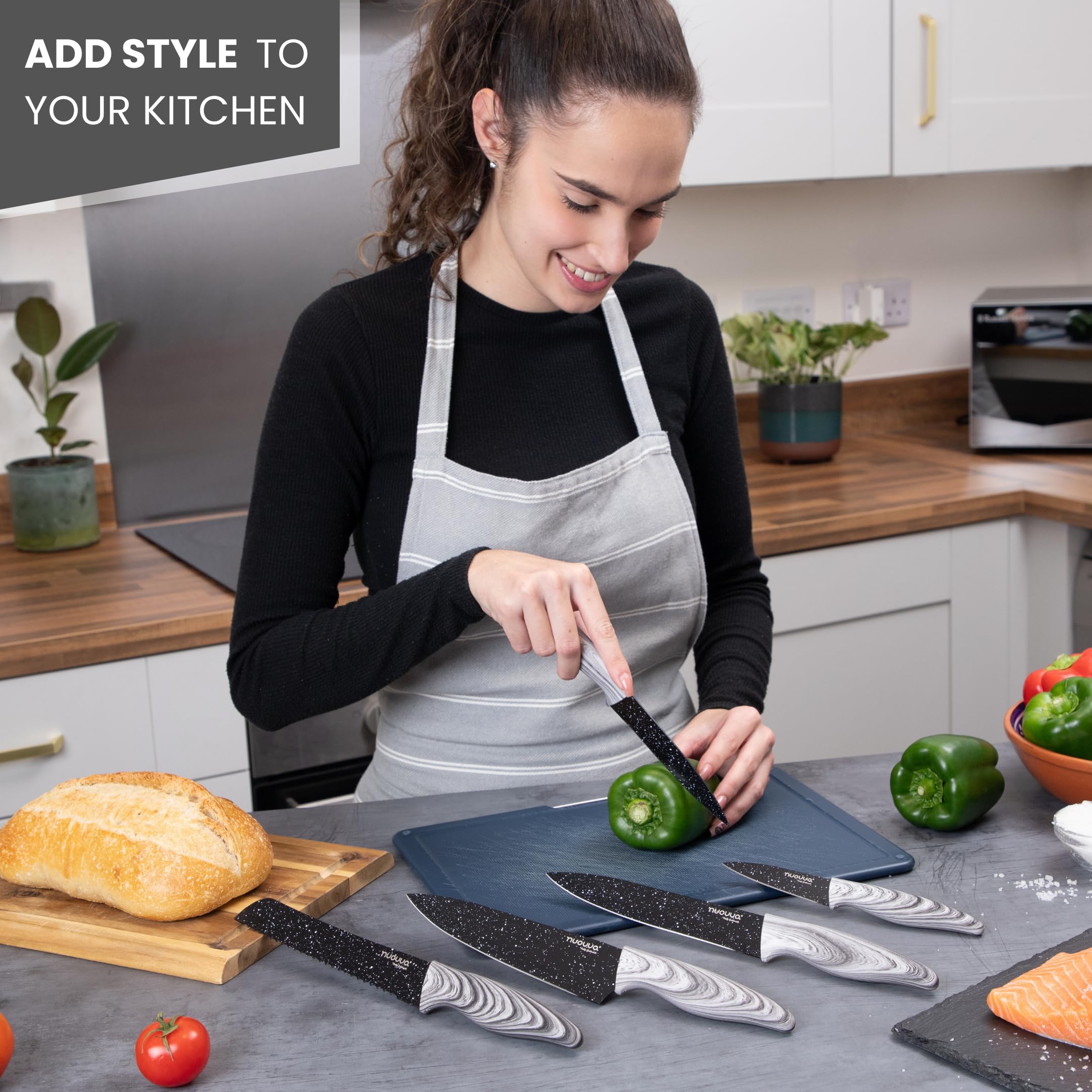 nuovva Professional Kitchen Knife Set – 5pcs Black Granite Kitchen Knives – Stainless Steel Granite Non Stick Blades – Chefs, Filleting, Bread, Paring and Utility Knives