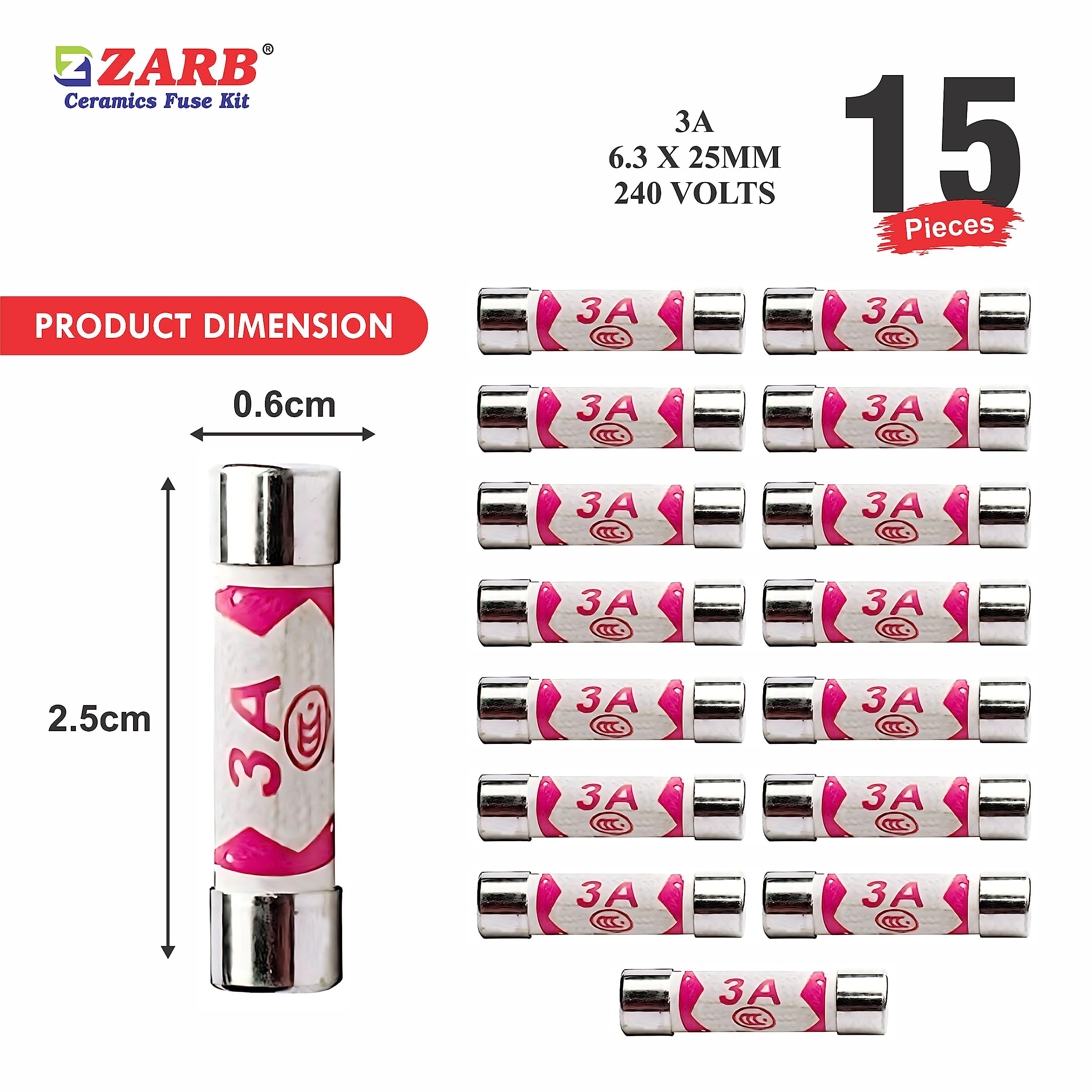 15 x Fuses 3A, 3 Amp Fuses UK 240V/250V pack of 15 of 3A Fuses BS1362 Fuses by ZARB