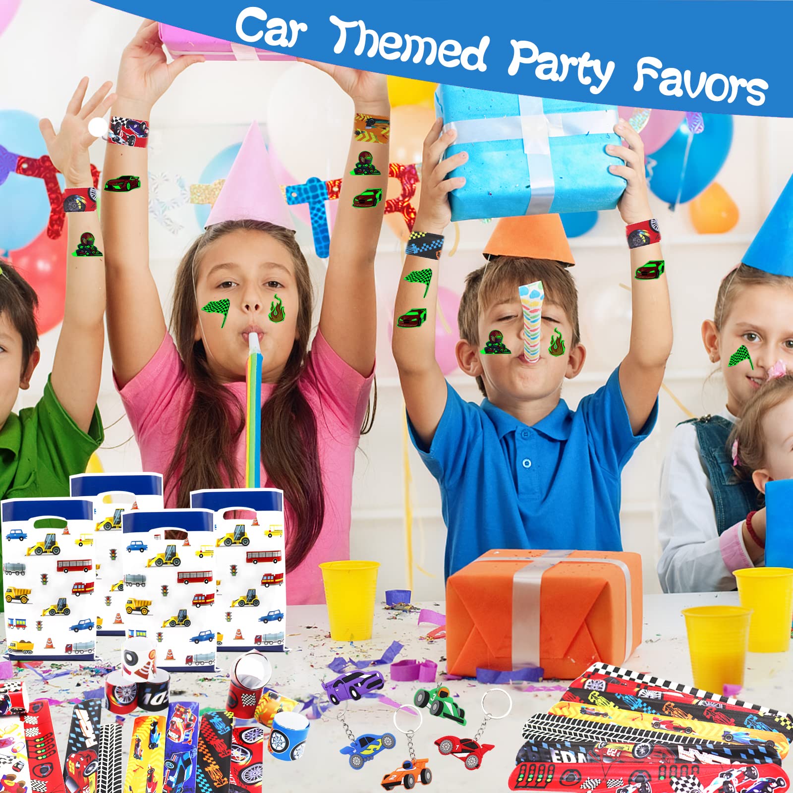 Pirate Party Bag Fillers for Kids Boys Girls, 42Pcs Racing Car Theme Assorted Toys Pinata Filler with Slap Bands Stickers Keychains Gift Bags Lucky Dip Prize Party Favours for Birthday Gift Halloween