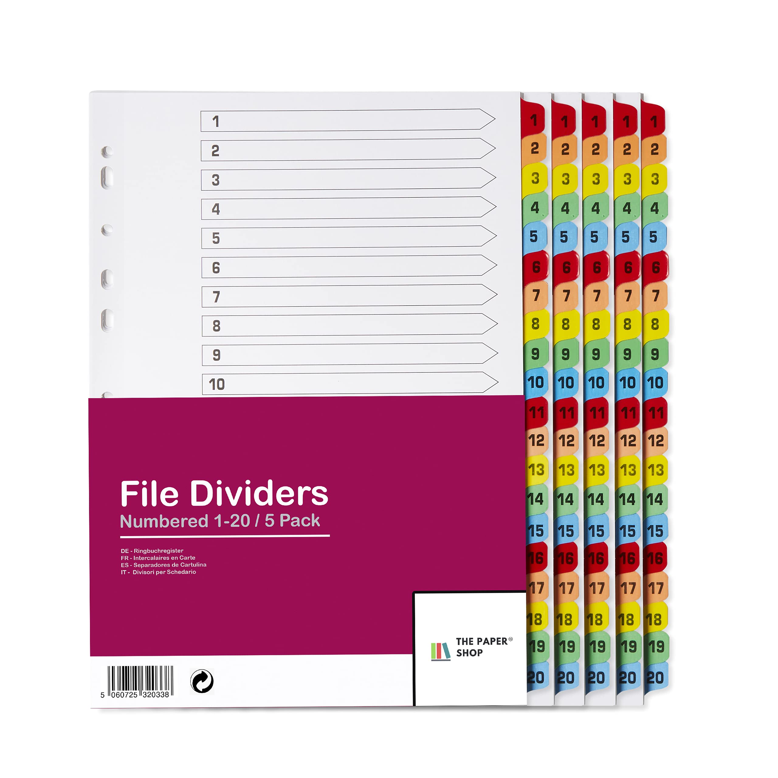 [5 Pack] A4 File Dividers 20 Part Numbered 1-20   A4 Subject Dividers 20 Part Numbered 1-20 with Multipunched Reinforced Colour Tabs 150gsm