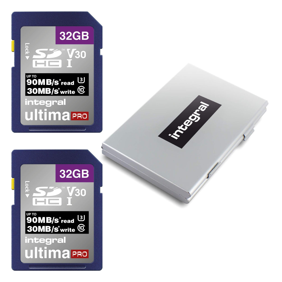 Integral 32GB 2 Pack SD Card with a 6 Slot Protective Metal Card Case - 4K Ultra-HD Video Premium High Speed Up to 90MB/s Read Speed - SDHC V30 UHS-I U3 Class 10 SD Memory Card Twin Pack