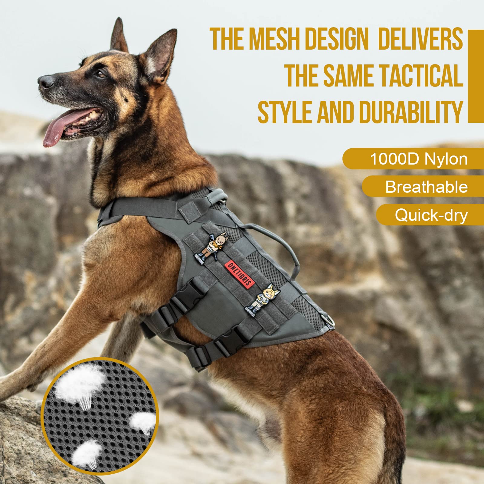 OneTigris No Pull Dog Harness for Small Dog, Mesh Design Breathable Military Dog Molle Vests with Handles, Service Dog Vest Harness for Walking Hiking Training