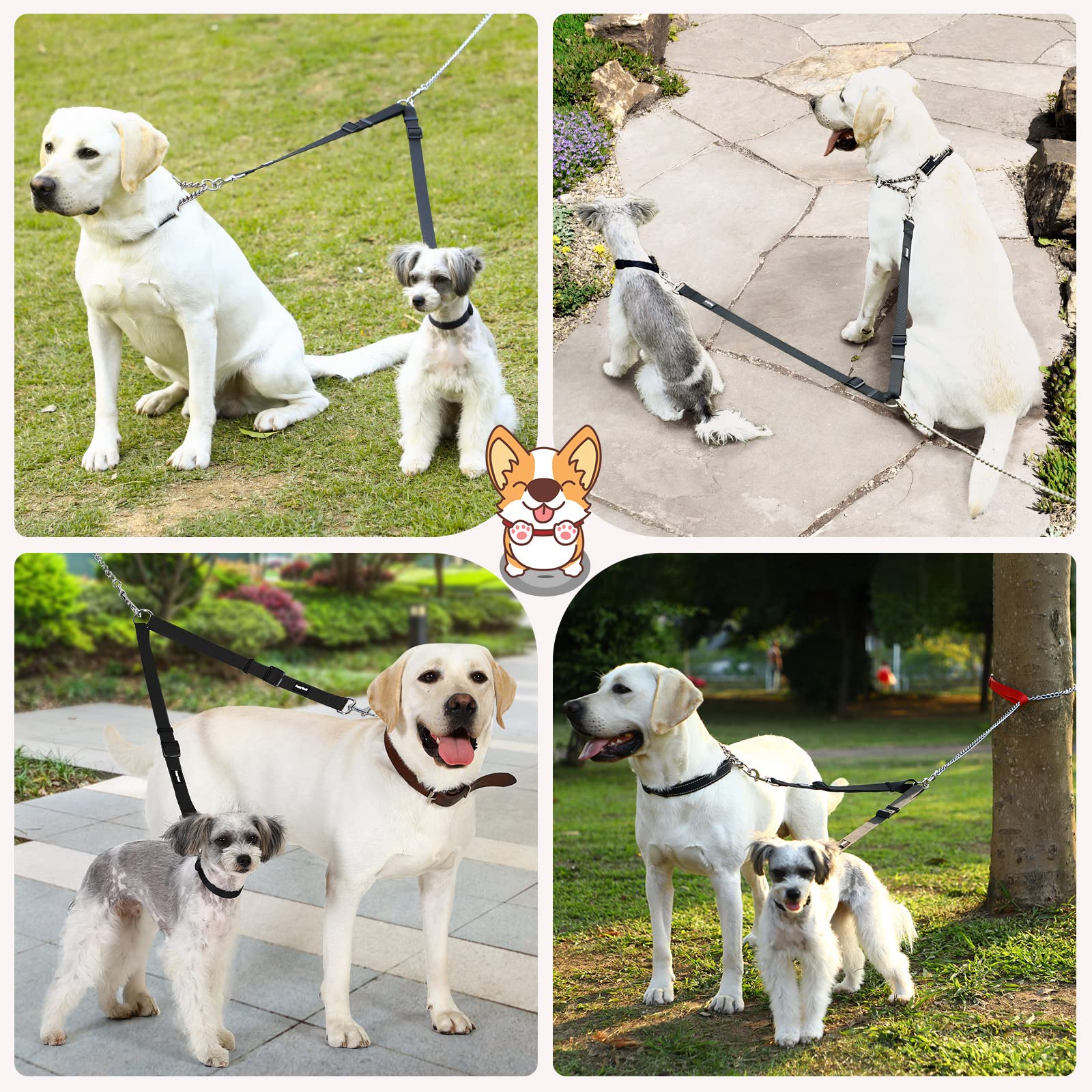 HAPPY HACHI Adjustable Double Dog Lead Coupler No Tangle Nylon Twin 2 Pet Trainer Leash Splitter (S 13-19.7in, Black)