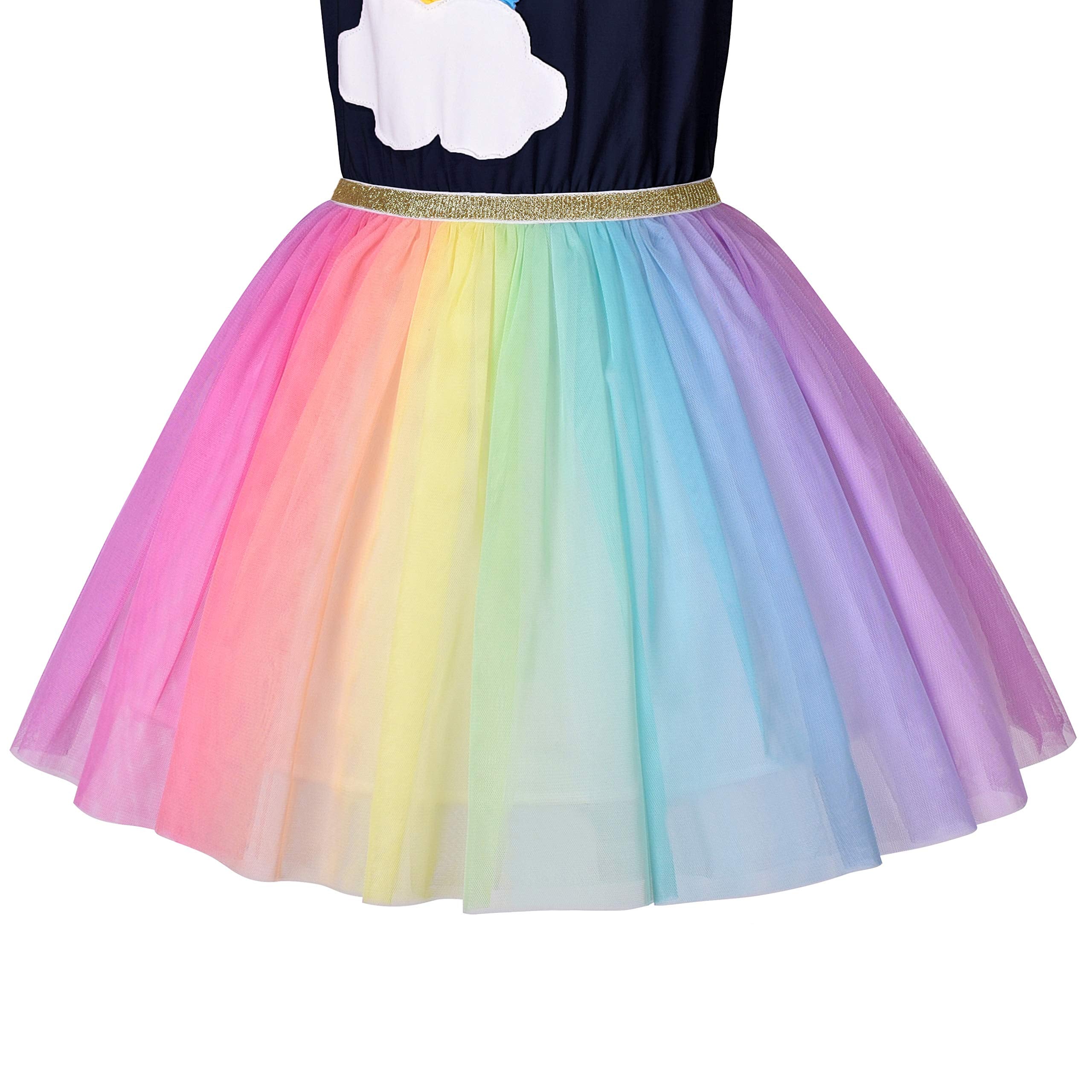 Sunny Fashion Girls Dress Navy Blue Short Sleeve Rainbow Tulle Skirt Birthday Party Age 7 Years