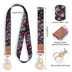 Vicloon Neck Lanyard Wristlet Strap, Print Lanyard Neck Strap Keychain ID Lanyard Neck Leather Lanyard with 4 Metal Key Rings for ID Badge Holder Keys Phone (Rose)