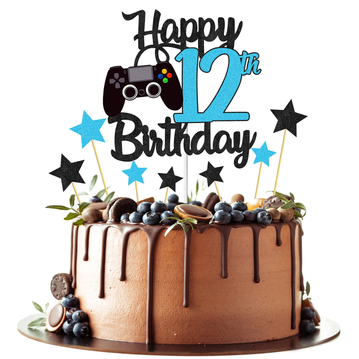 Joyeah Happy 12th Birthday Cake Topper Glitter Video Game Cake Pick Game On Cheers to 12 Years Cake Decoration for Game Theme Happy 12th Birthday Party Supplies Blue