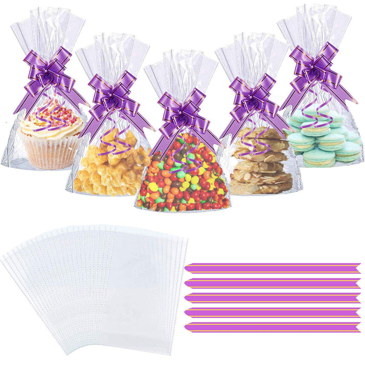 50PCS Clear Cellophane Treat Bags, AUERVO 13 x 18 cm Clear Resealable Flat Cello Bags Sweet Party Gift Bags Candy/Cookie/Chokley/with 50PCS Purple Pull Bows