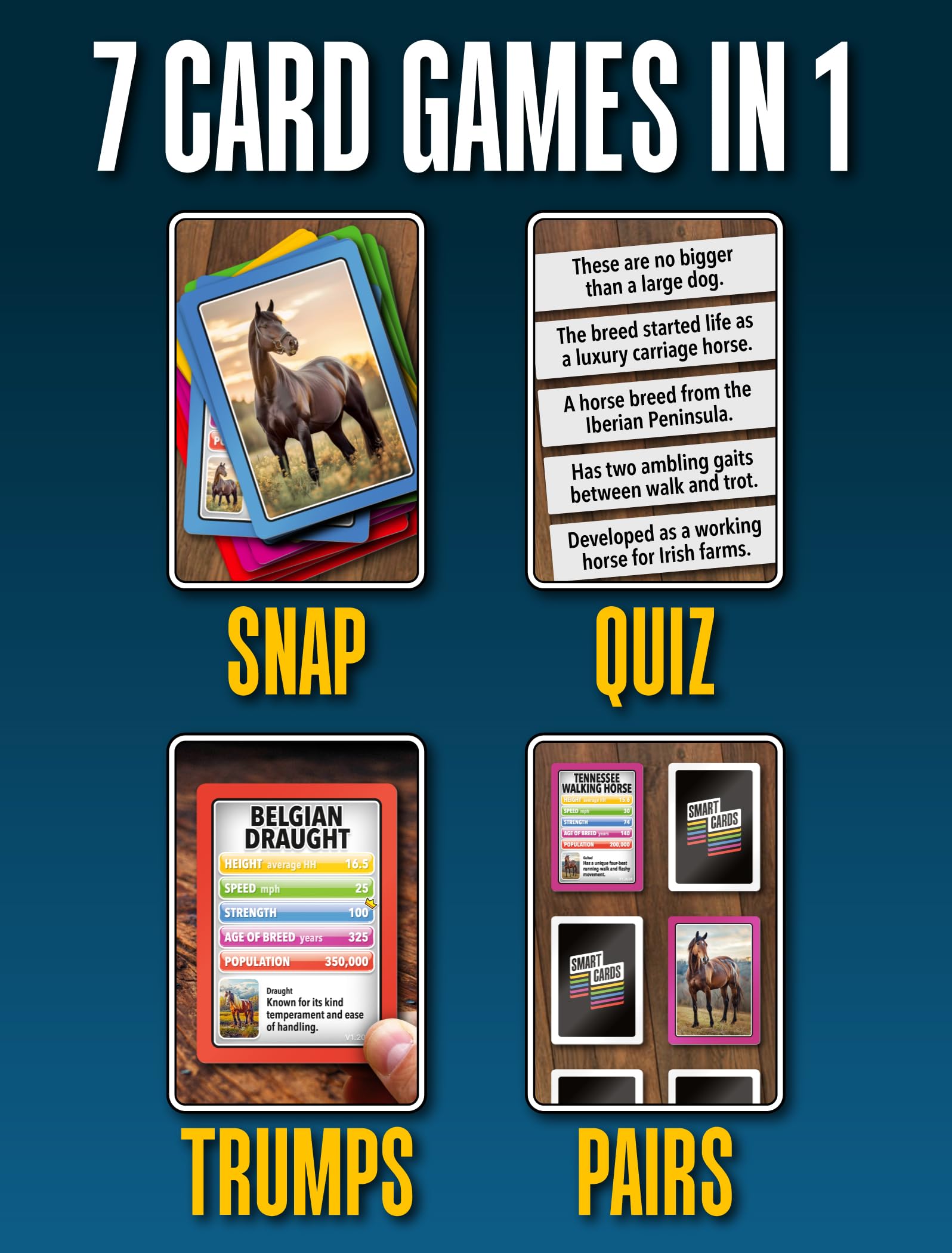 100 PICS Smart Cards Horses & Ponies, 7 games in 1, Pairs, Snap, Trumps, Rummy, Memory Quiz, Learn Facts, Travel Game, Gift, Stocking Filler, Age 5and, 1-8 Players