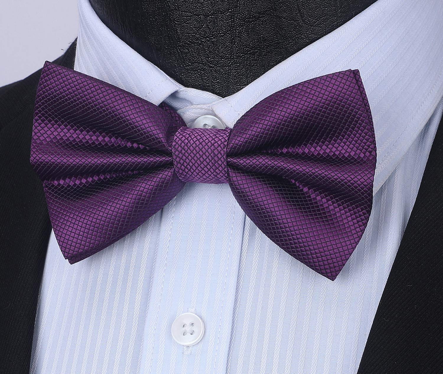 HISDERN Dark Purple Bow Ties Men Pre-tied Bow Tie and Pocket Square Set Formal Solid Color Bowtie and Handkerchief for Wedding Party Banquet