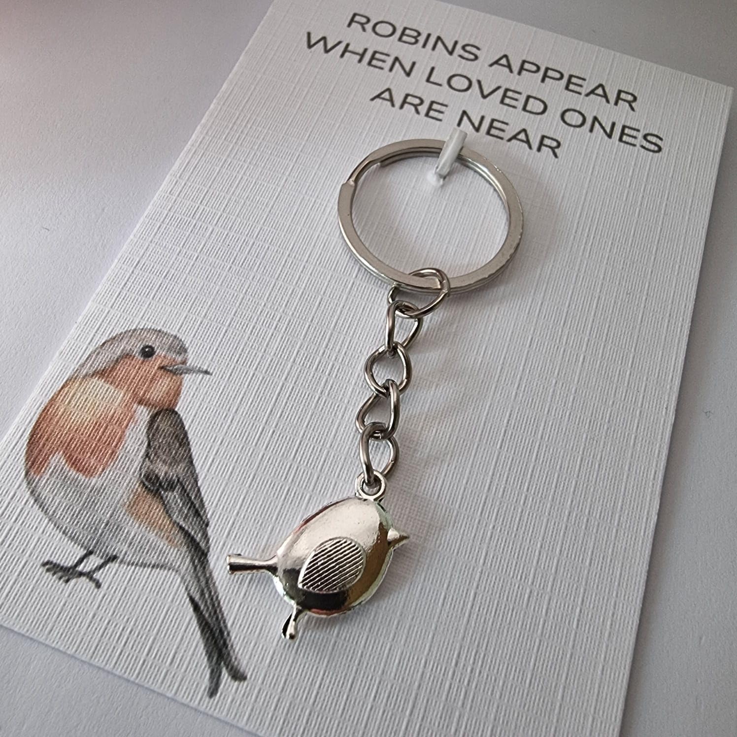 Robin Keyring on card 'Robins Appear When Loved Ones Are Near' Sympathy Gift- Robin Bereavement Gift Made In The UK