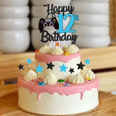 Joyeah Happy 12th Birthday Cake Topper Glitter Video Game Cake Pick Game On Cheers to 12 Years Cake Decoration for Game Theme Happy 12th Birthday Party Supplies Blue