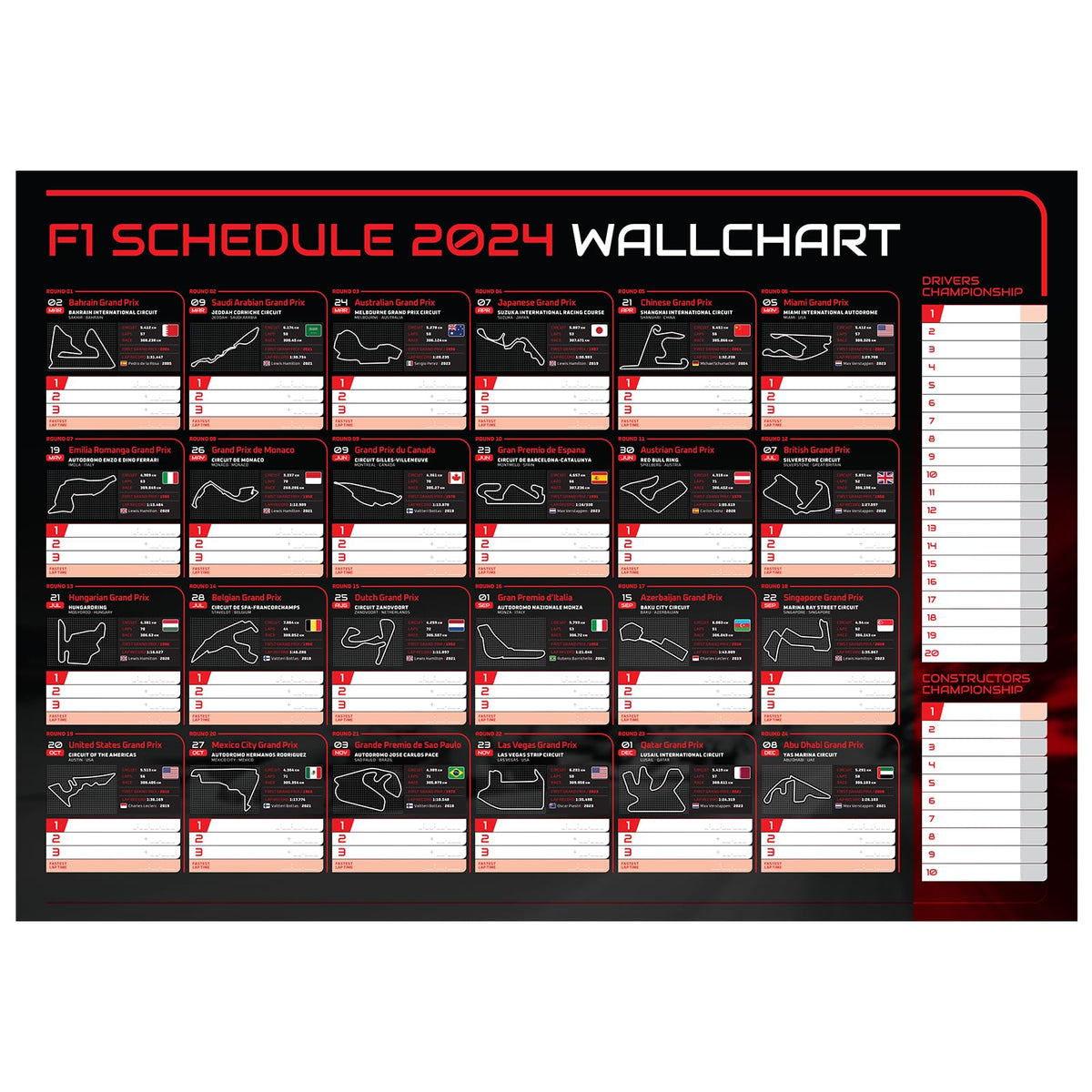 F1/Formula One 2024 Wall Chart (A2 folded to A4)