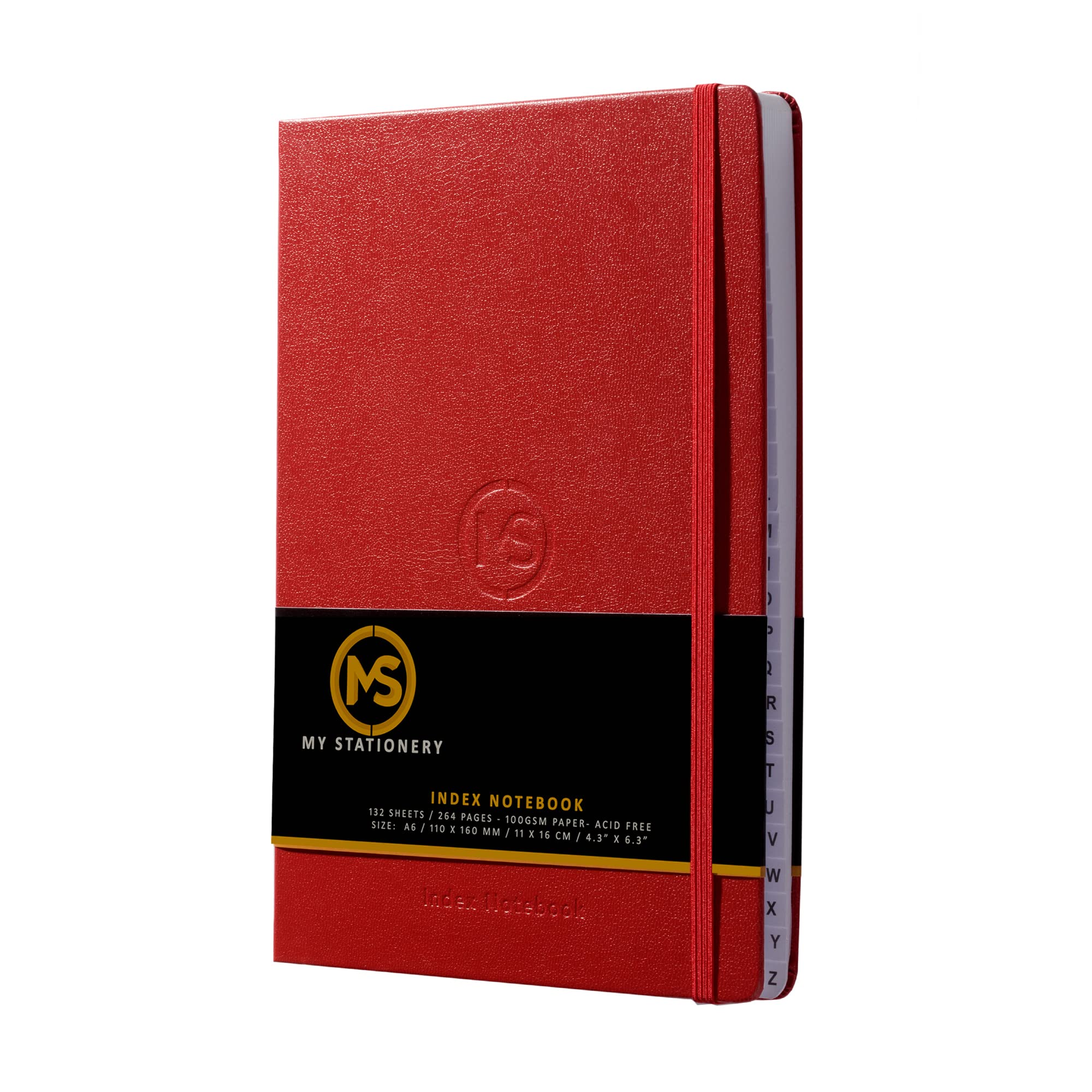 A6 Index Notebook Hardback Leatherette Cover 8mm Ruled Margin A-Z Tabs 264 Pages 100 GSM White Paper – 11 X 16 CM Index Notebook (Red)