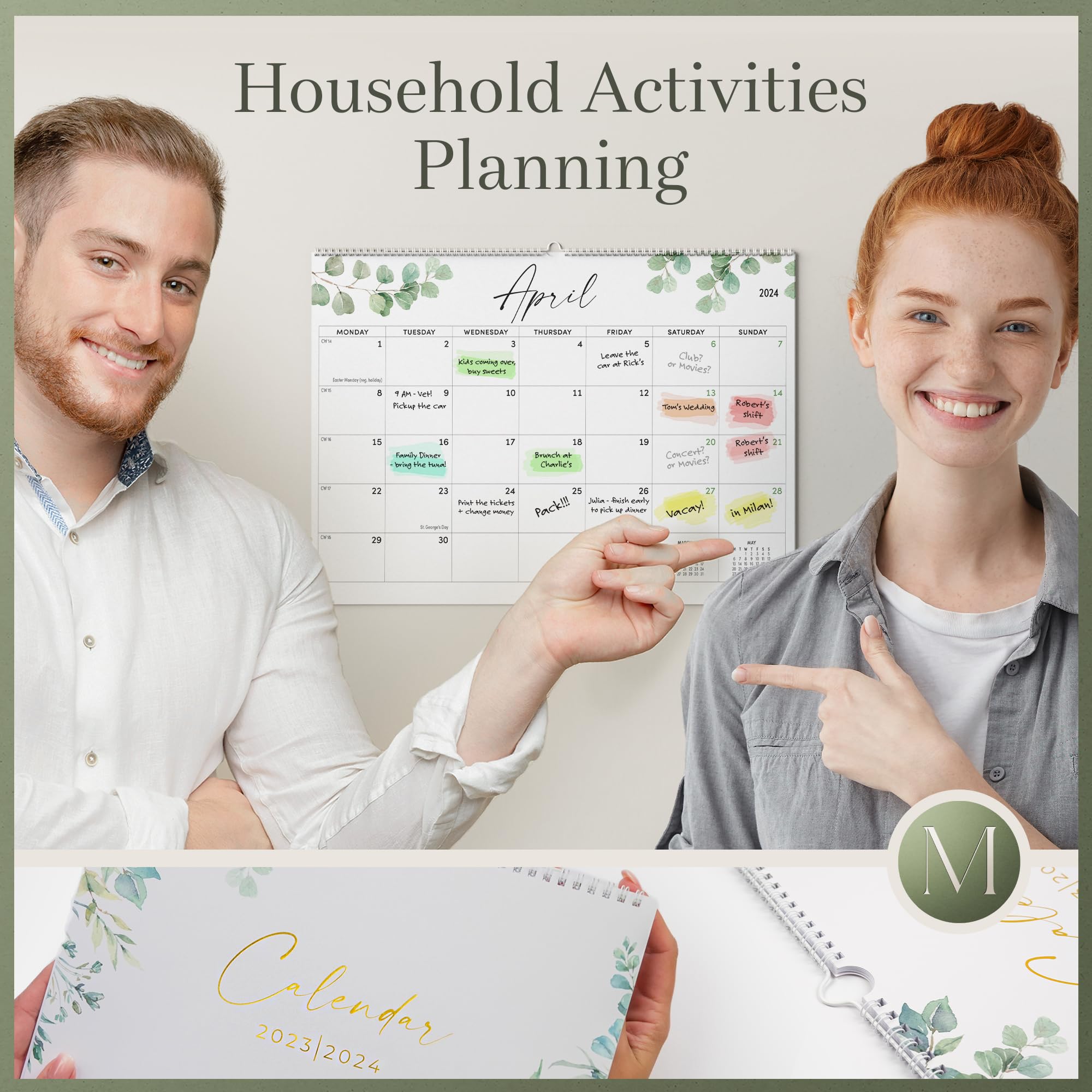 Wall Calendar 2023-2024 Calendar Month to View - Greenery - Family Calendar 2023-2024 Wall Calendar for Easy & Efficient Planning - Calendar 2024 UK Family Planner from Milula Studios