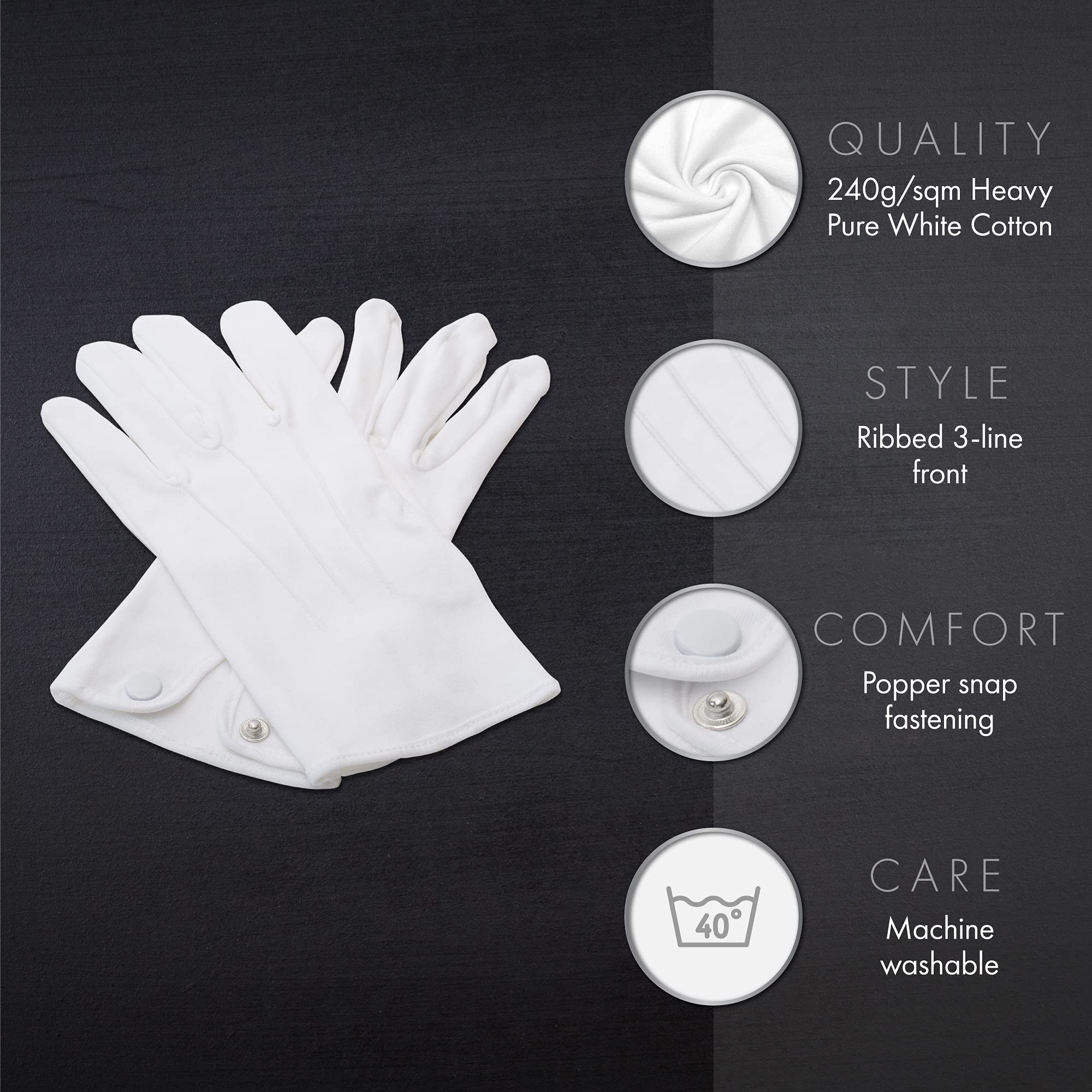 THE MASONIC COLLECTION - Plain White Cotton Gloves For Men - Very Soft and Lightweight With Washable and Reusable Material - Popper Snap Fastening - A Masonic Gift Accessory For Freemason Men